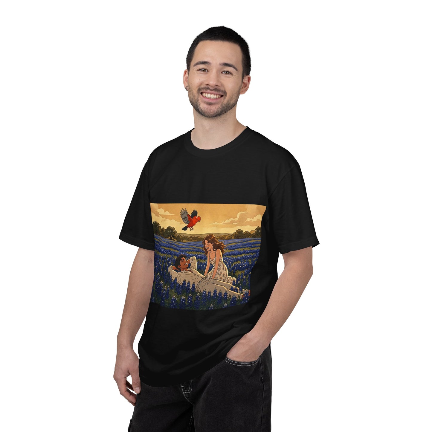 Romantic Bluebonnet Field T-Shirt — Couple in Wildflower Meadow Art Tee