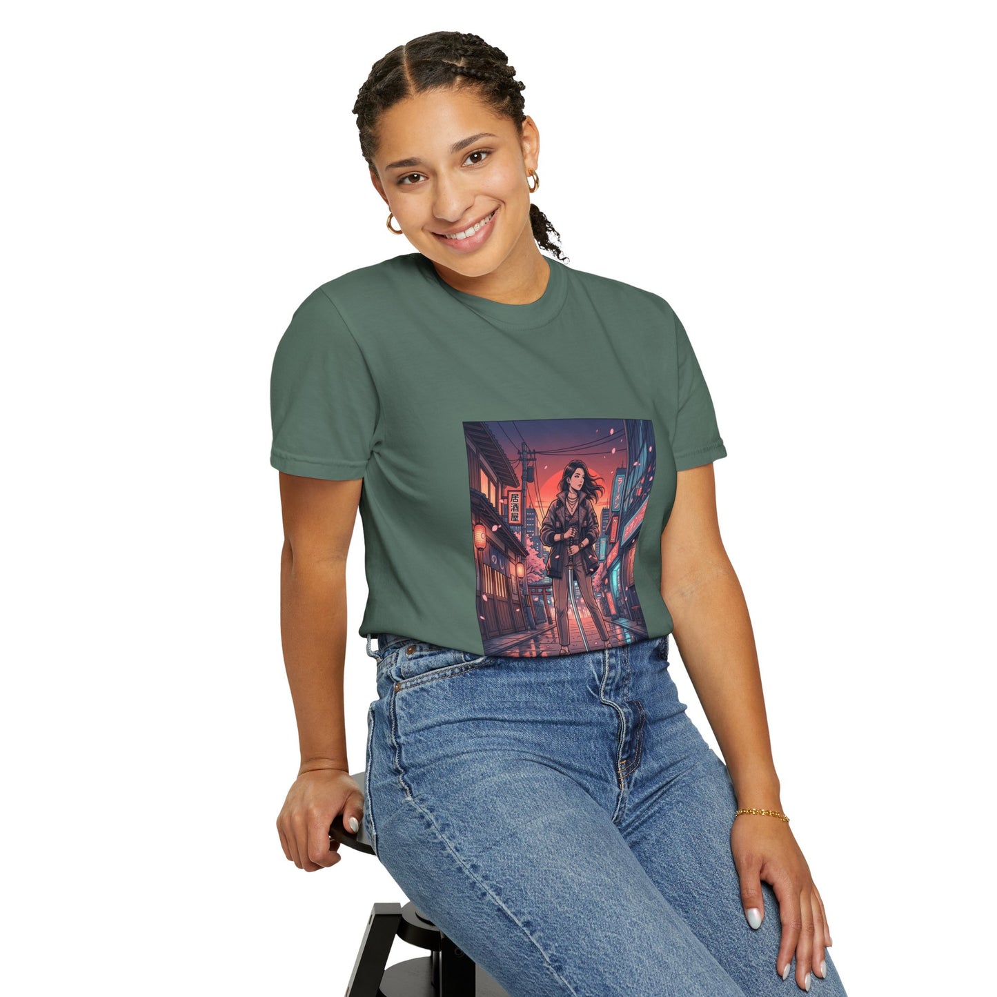 Cyberpunk Night Streets T‑Shirt — Neon Samurai Girl Graphic Tee