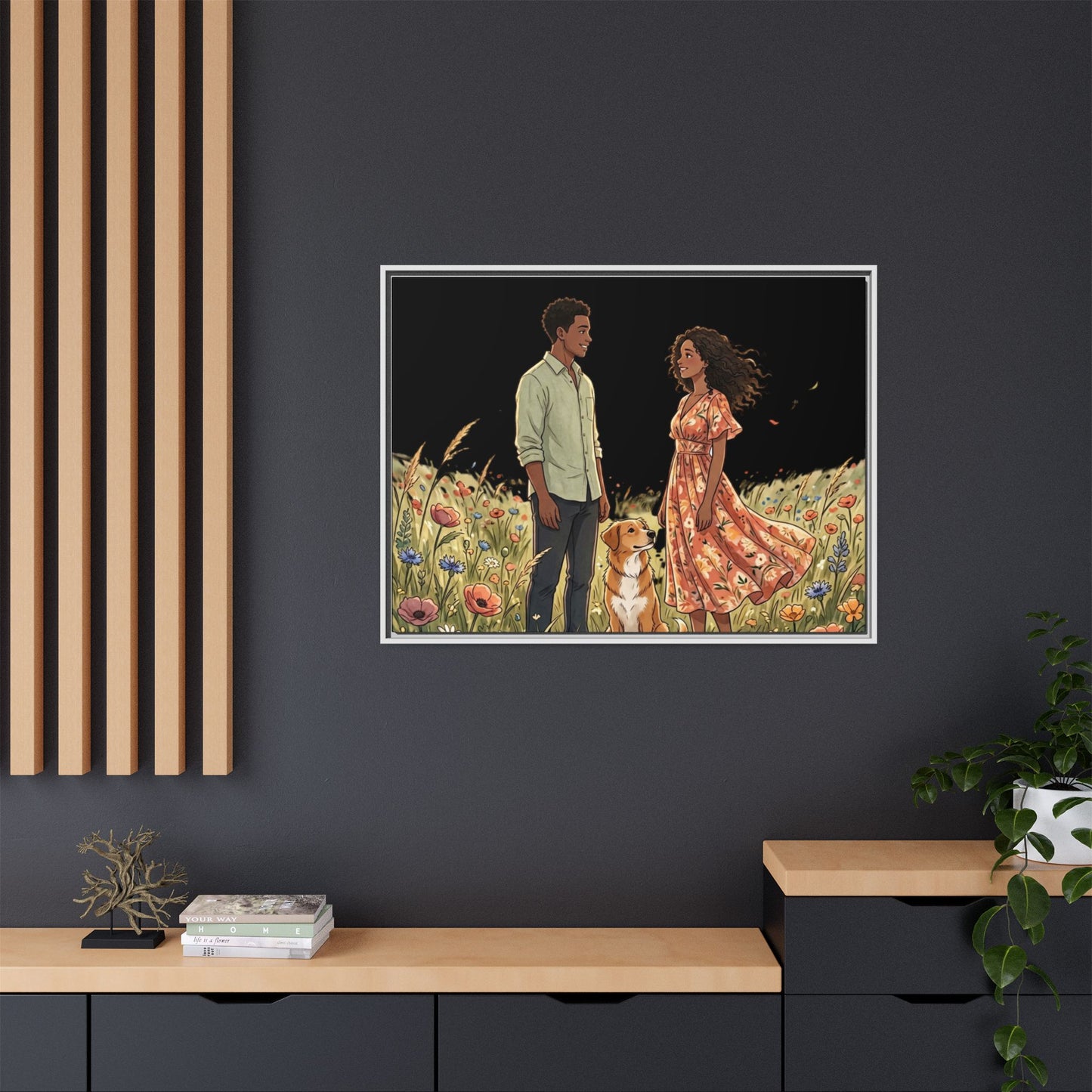 Framed Matte Canvas Print — Romantic Couple in Wildflower Field (Multi‑Color)