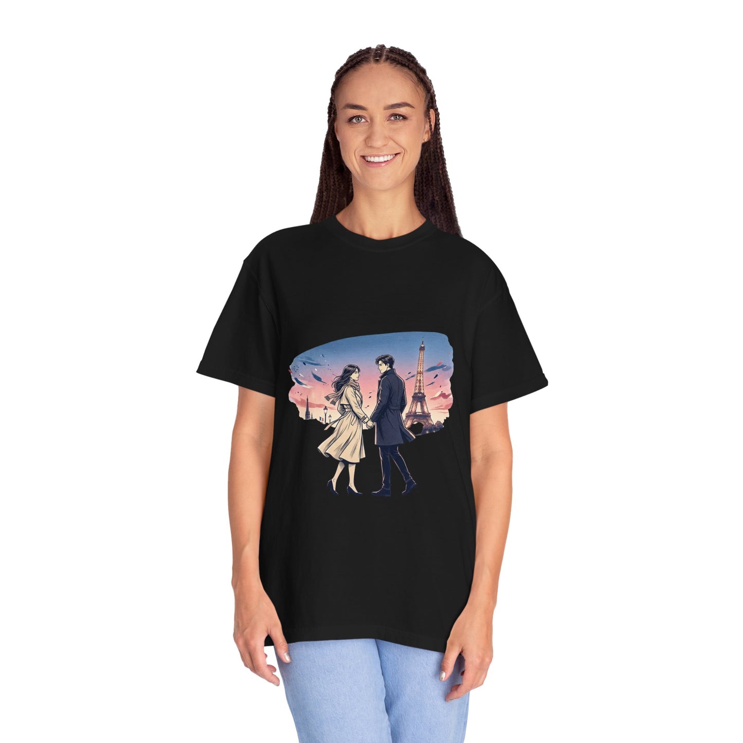 Paris Sunset Romance T-Shirt — Couple Walking by Eiffel Tower Graphic Tee