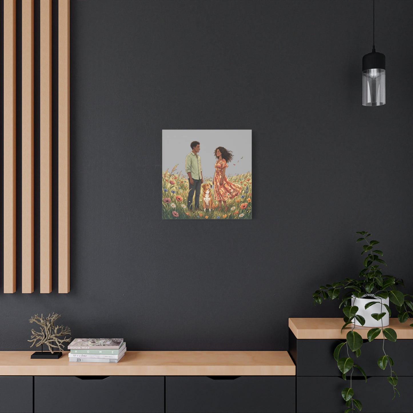 Romantic Couple in Wildflower Field Canvas Art — Black Love Wall Decor with Dog