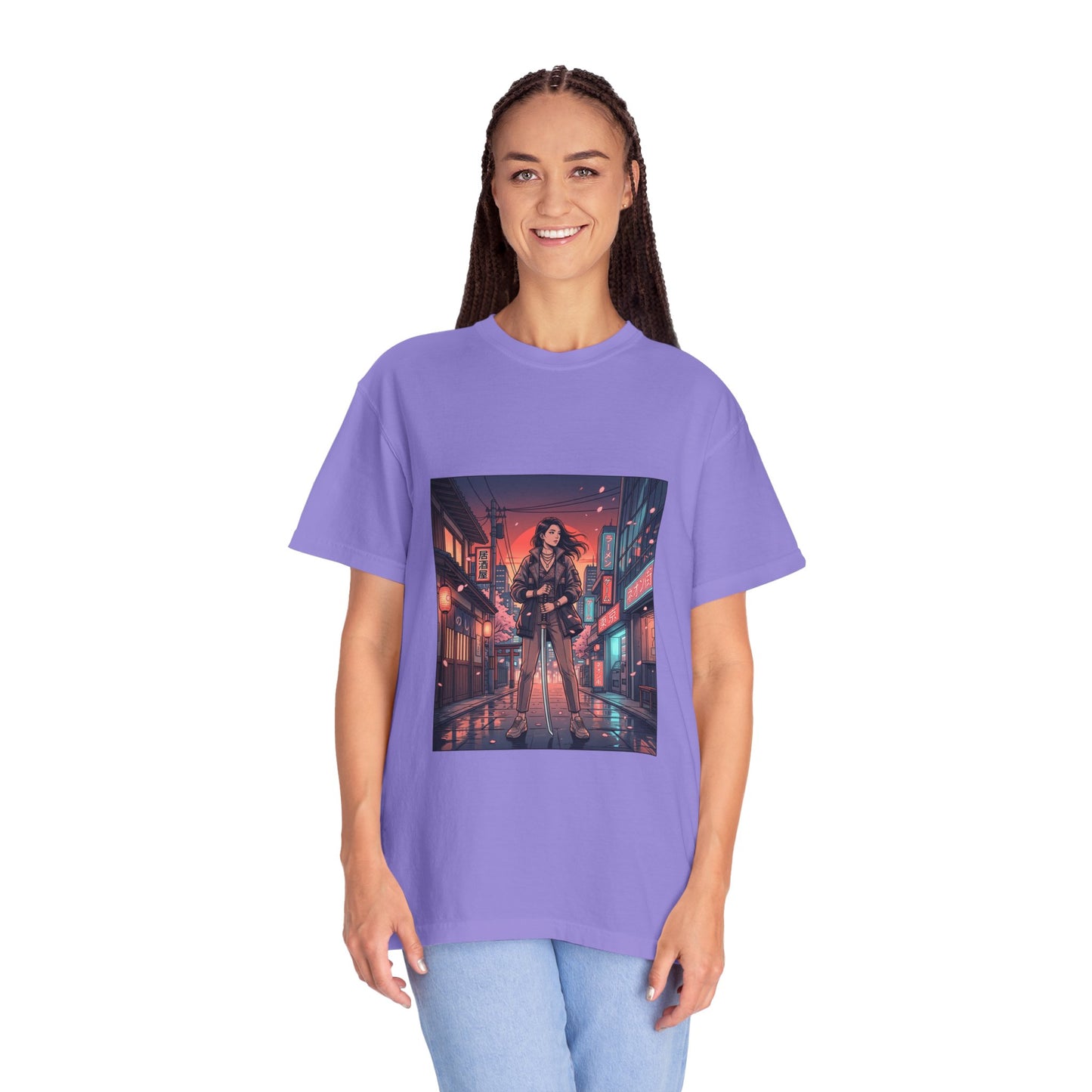 Cyberpunk Night Streets T‑Shirt — Neon Samurai Girl Graphic Tee
