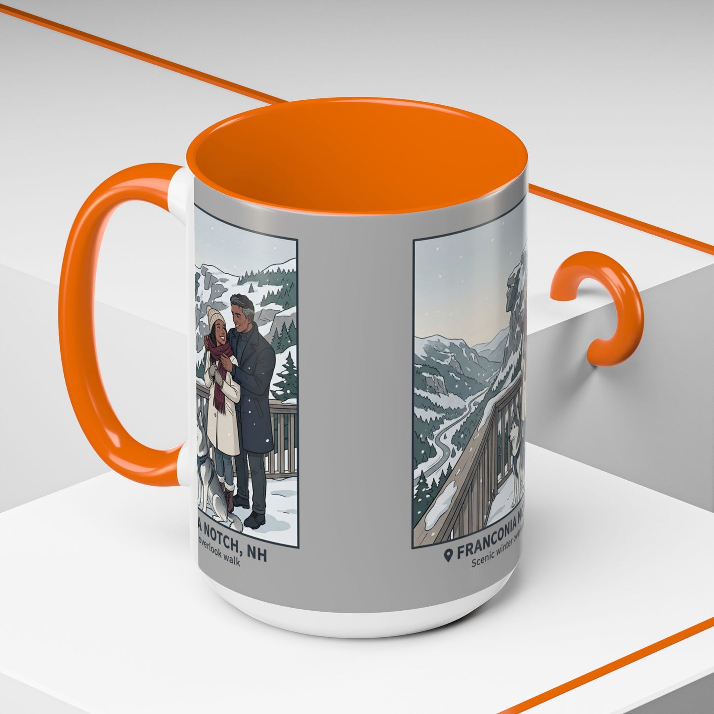 Franconia Notch Scenic Winter Mug — Couples & Dog Snowy Overlook Coffee Cup (11/15oz)