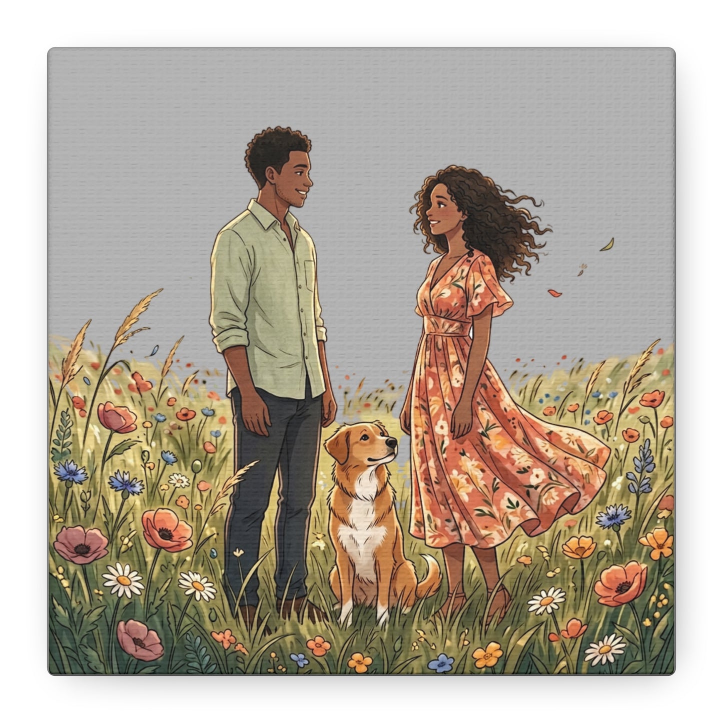 Romantic Couple in Wildflower Field Canvas Art — Black Love Wall Decor with Dog