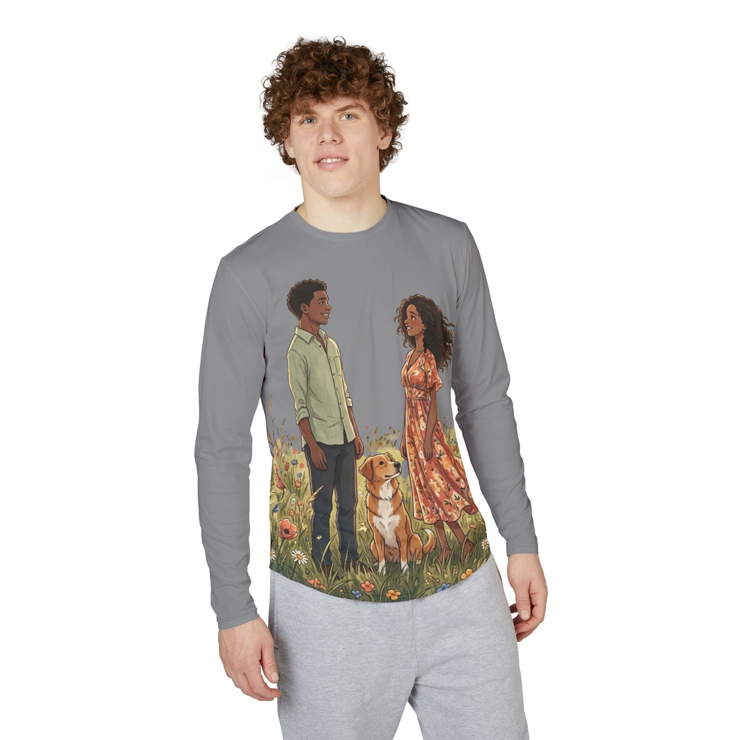 Romantic Couple & Dog Long Sleeve Shirt — Sun Protection AOP
