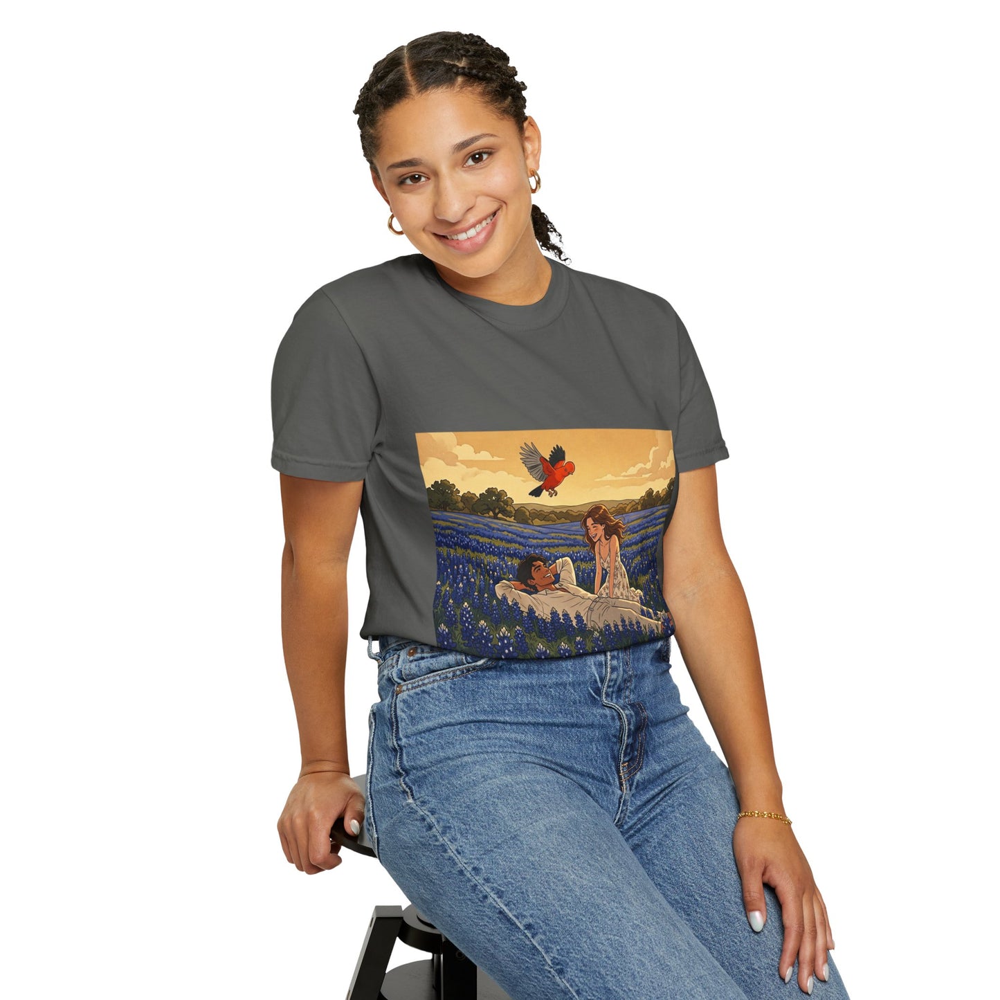 Romantic Bluebonnet Field T-Shirt — Couple in Wildflower Meadow Art Tee