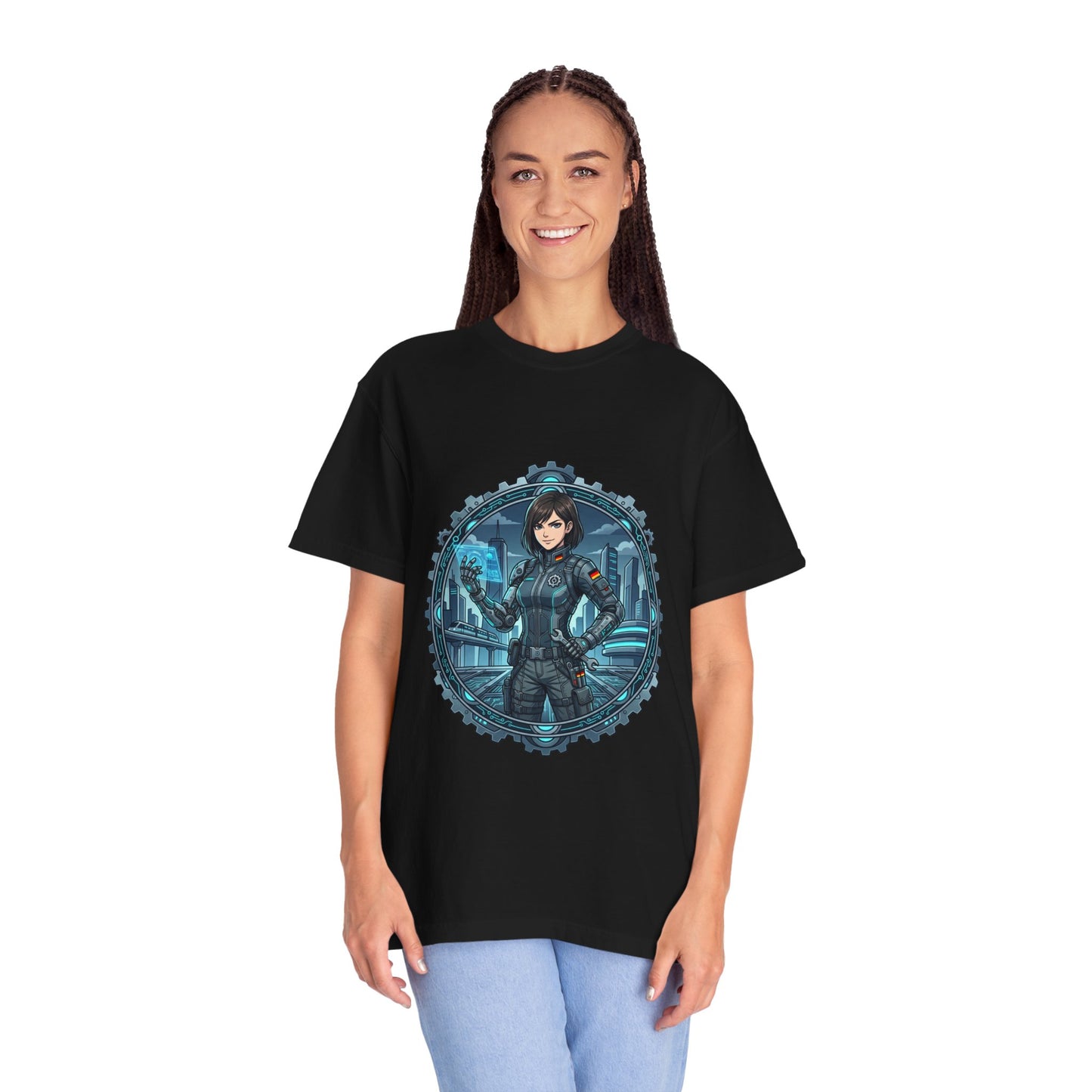 Cyber Ninja Graphic T-Shirt — Futuristic Female Warrior Illustration