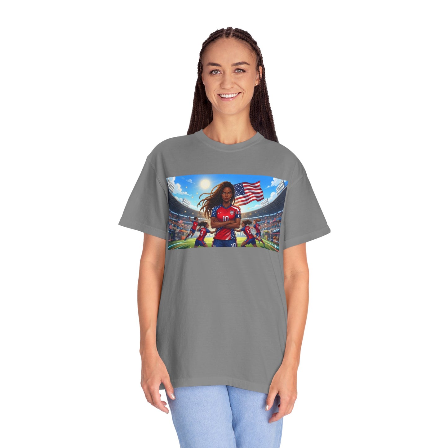 Soccer Mom USA T-Shirt — Female Soccer Player with American Flag Stadium Graphic