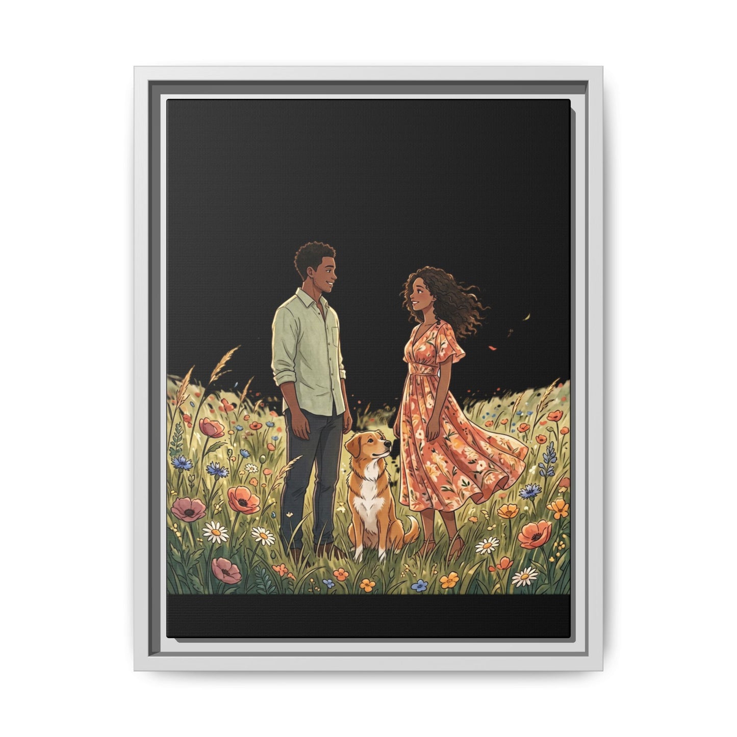 Framed Matte Canvas Print — Romantic Couple in Wildflower Field (Multi‑Color)