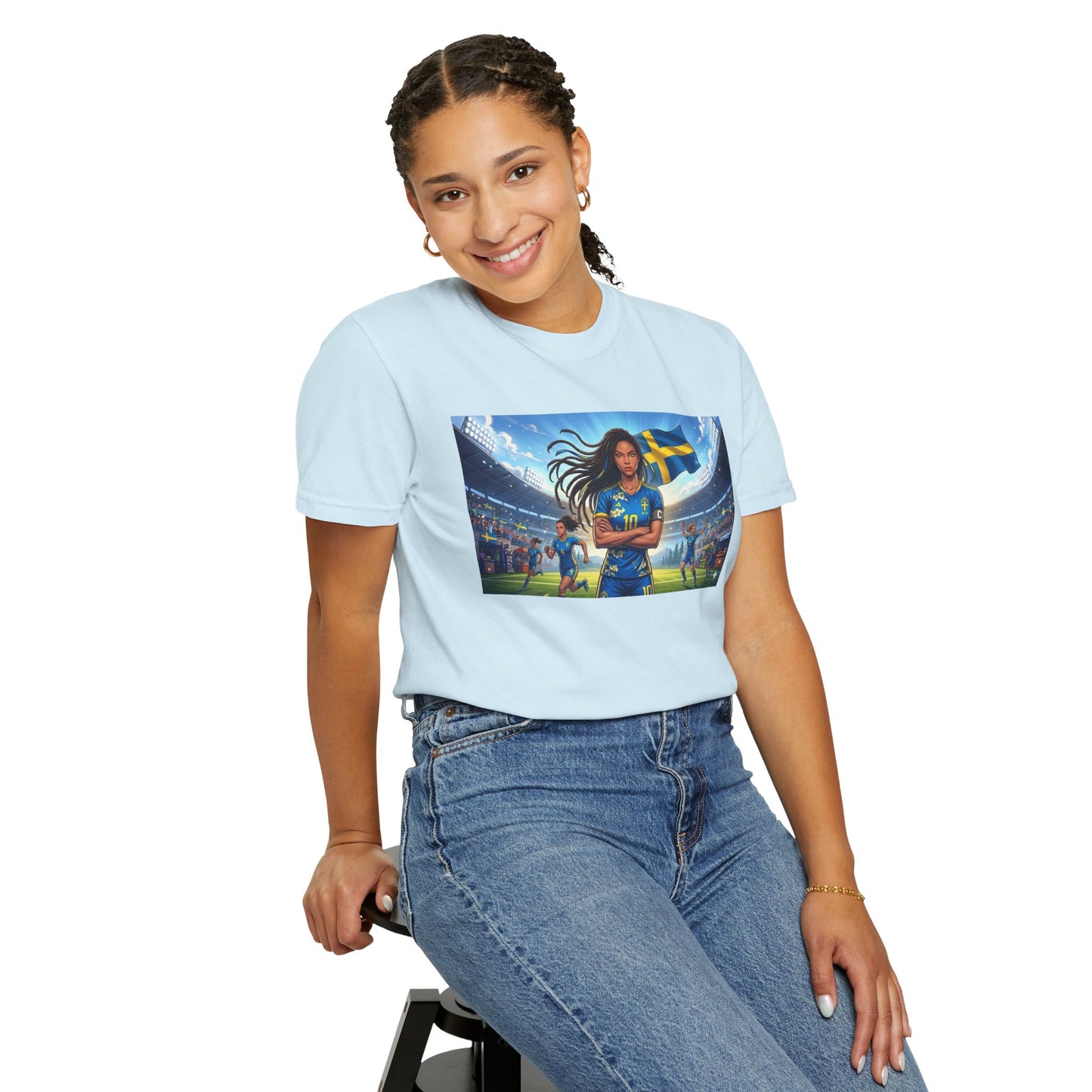 Swedish Soccer Pride T-Shirt — Female Footballer with Flag Stadium Design