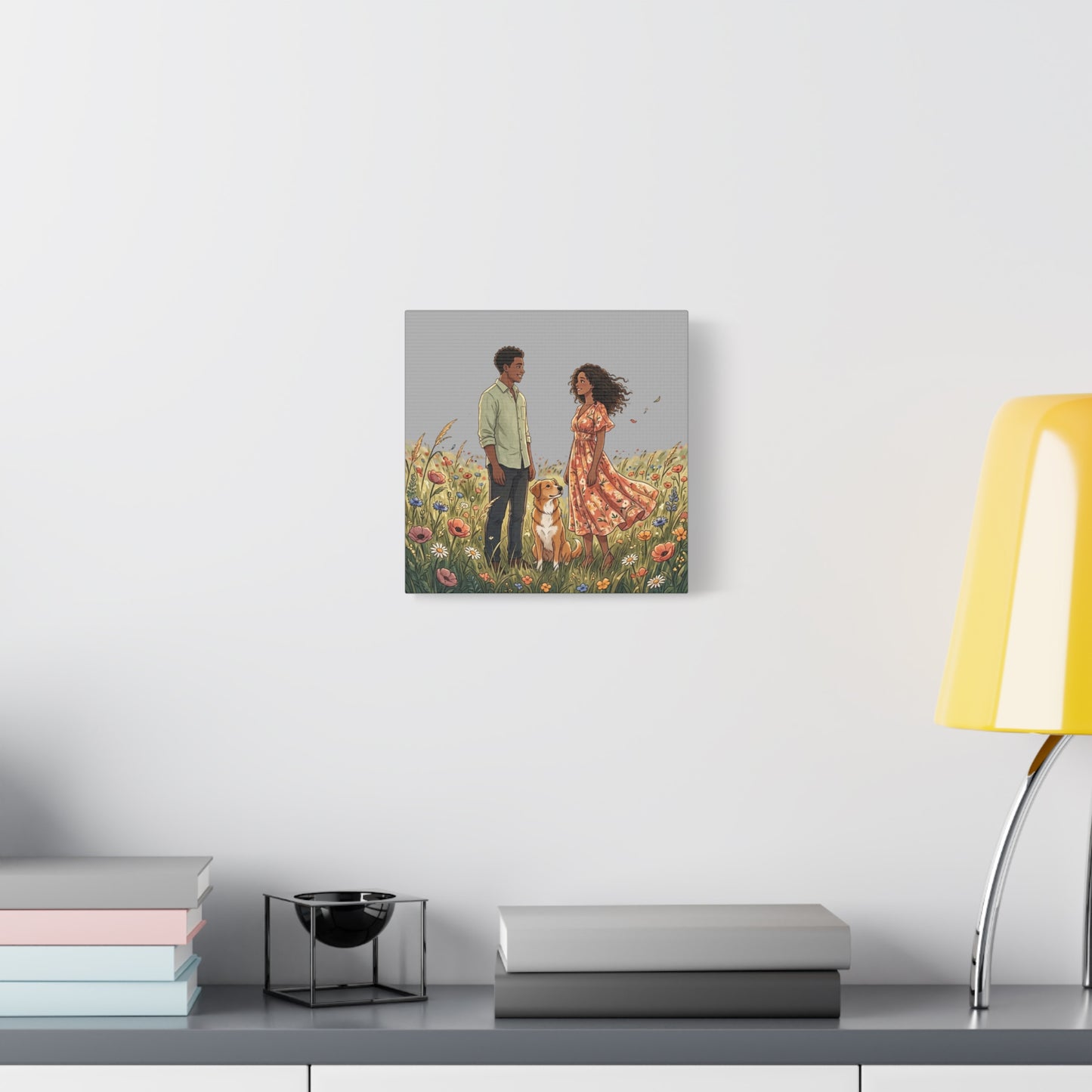 Romantic Couple in Wildflower Field Canvas Art — Black Love Wall Decor with Dog