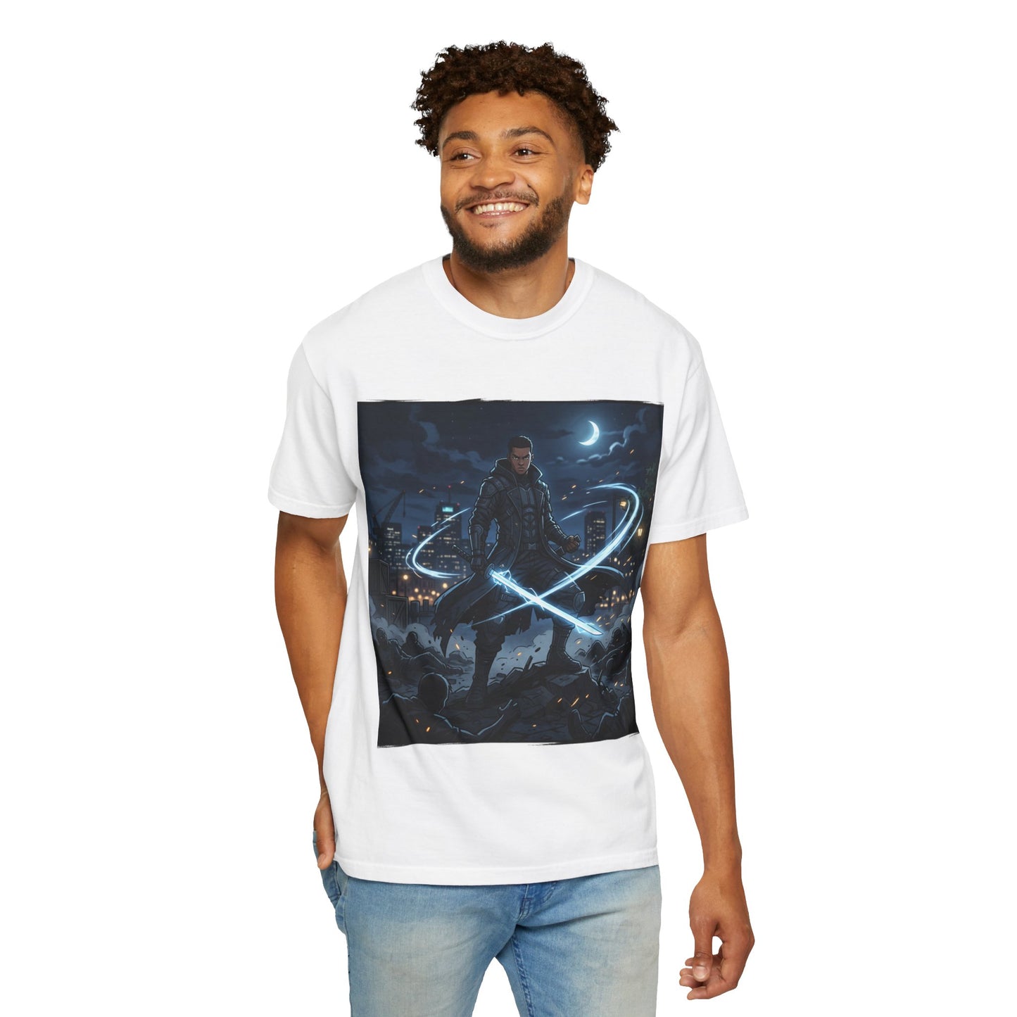 Urban Night Warrior T-Shirt — Neon Samurai Cityscape