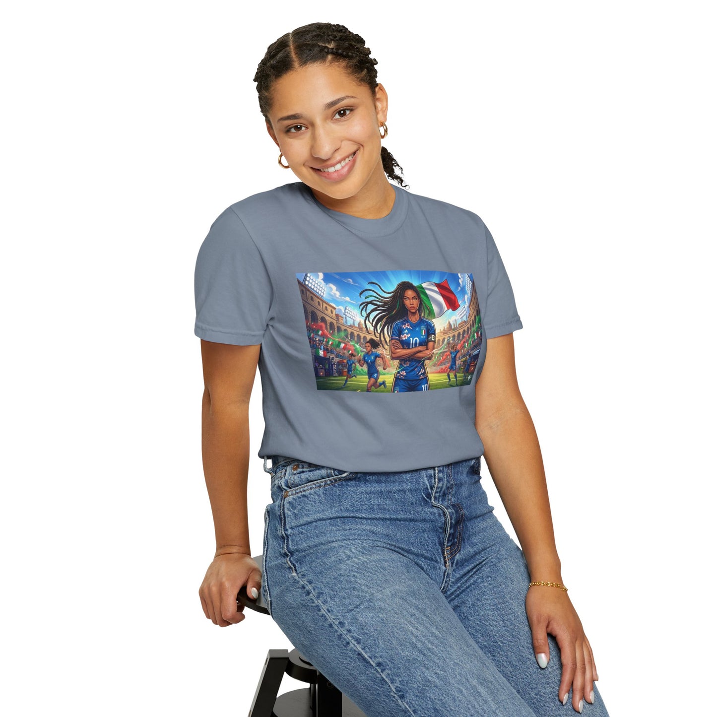Italian Soccer Fan T‑Shirt – Inspirational Female Player with Italy Flag Stadium Print