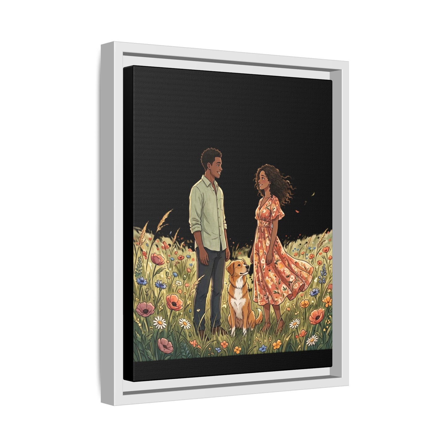 Framed Matte Canvas Print — Romantic Couple in Wildflower Field (Multi‑Color)