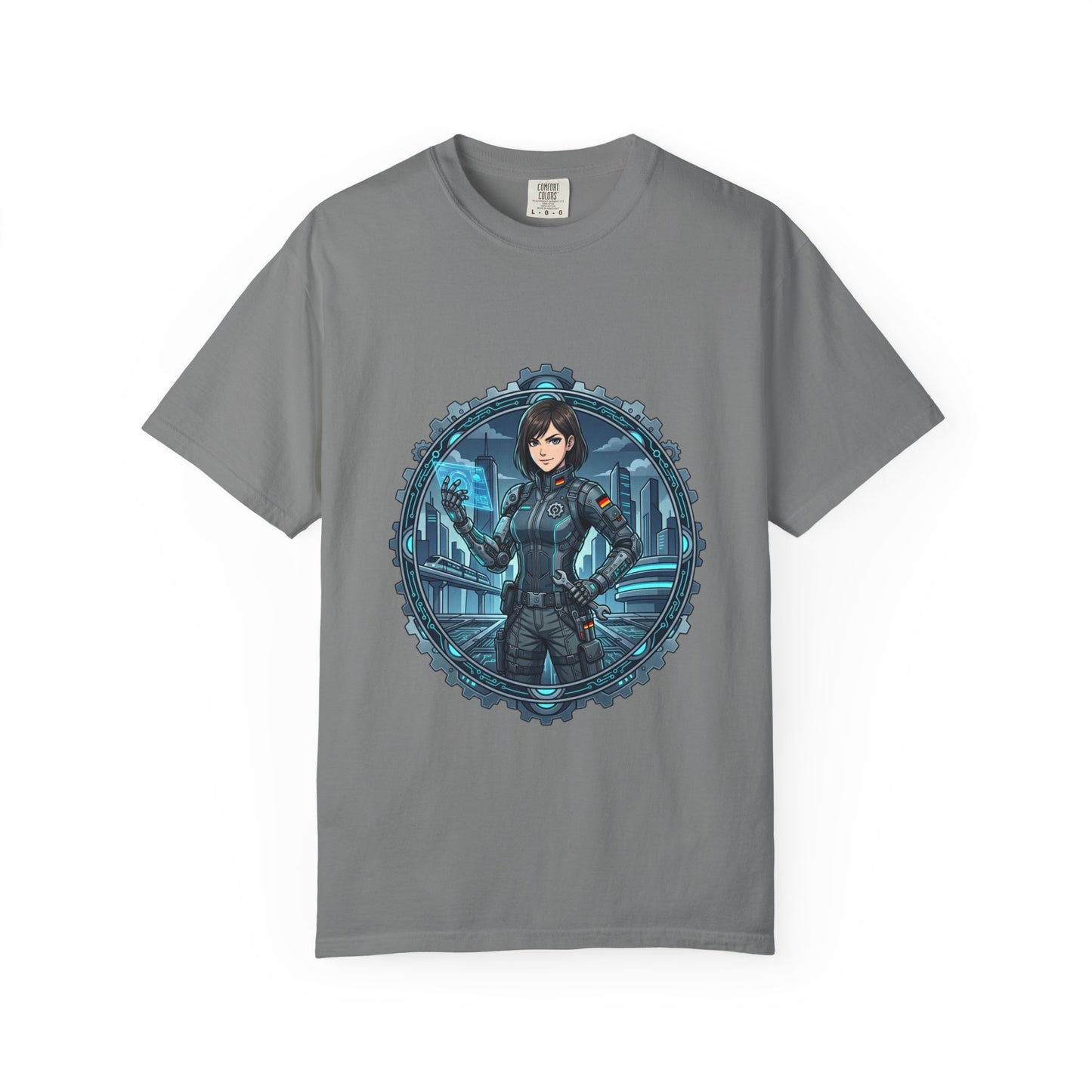 Cyber Ninja Graphic T-Shirt — Futuristic Female Warrior Illustration