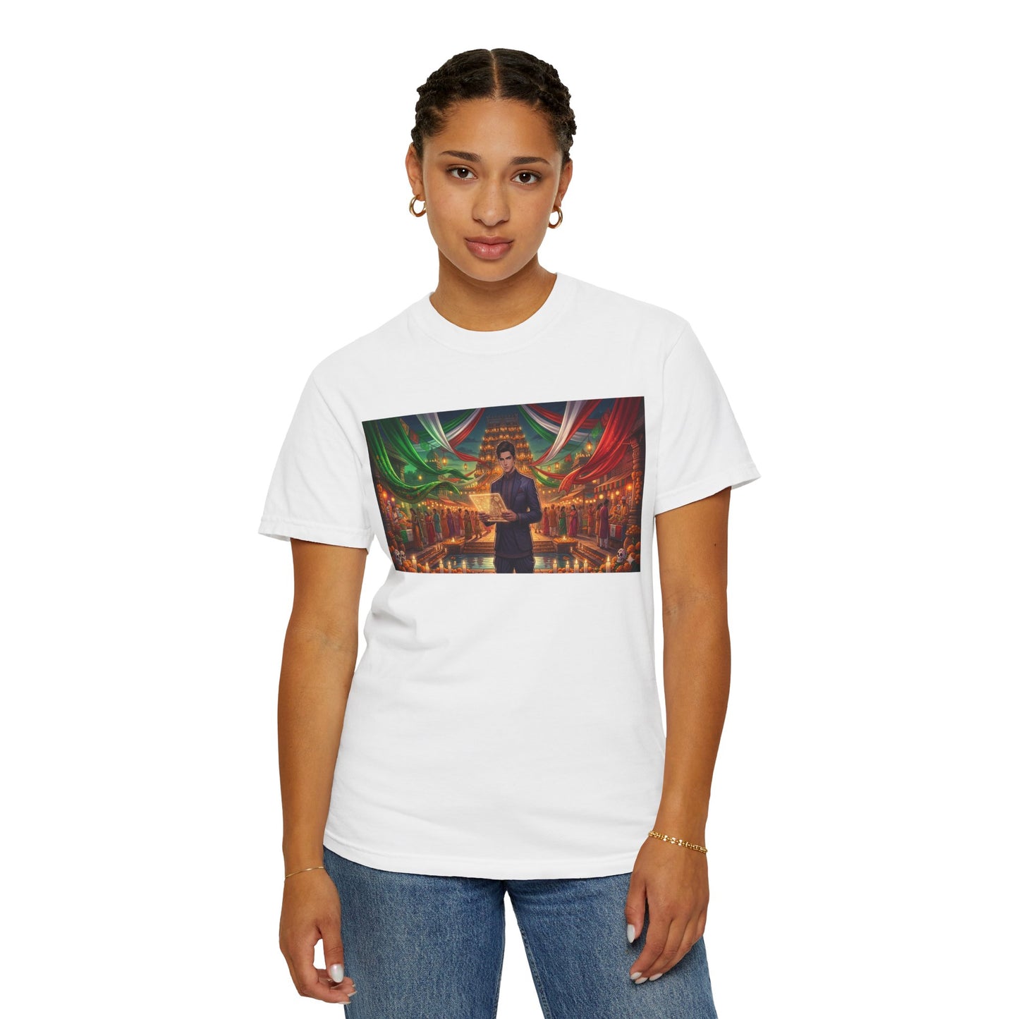 T-Shirt — Dragon Temple Night Scene Graphic Tee (Monk with Dragons)