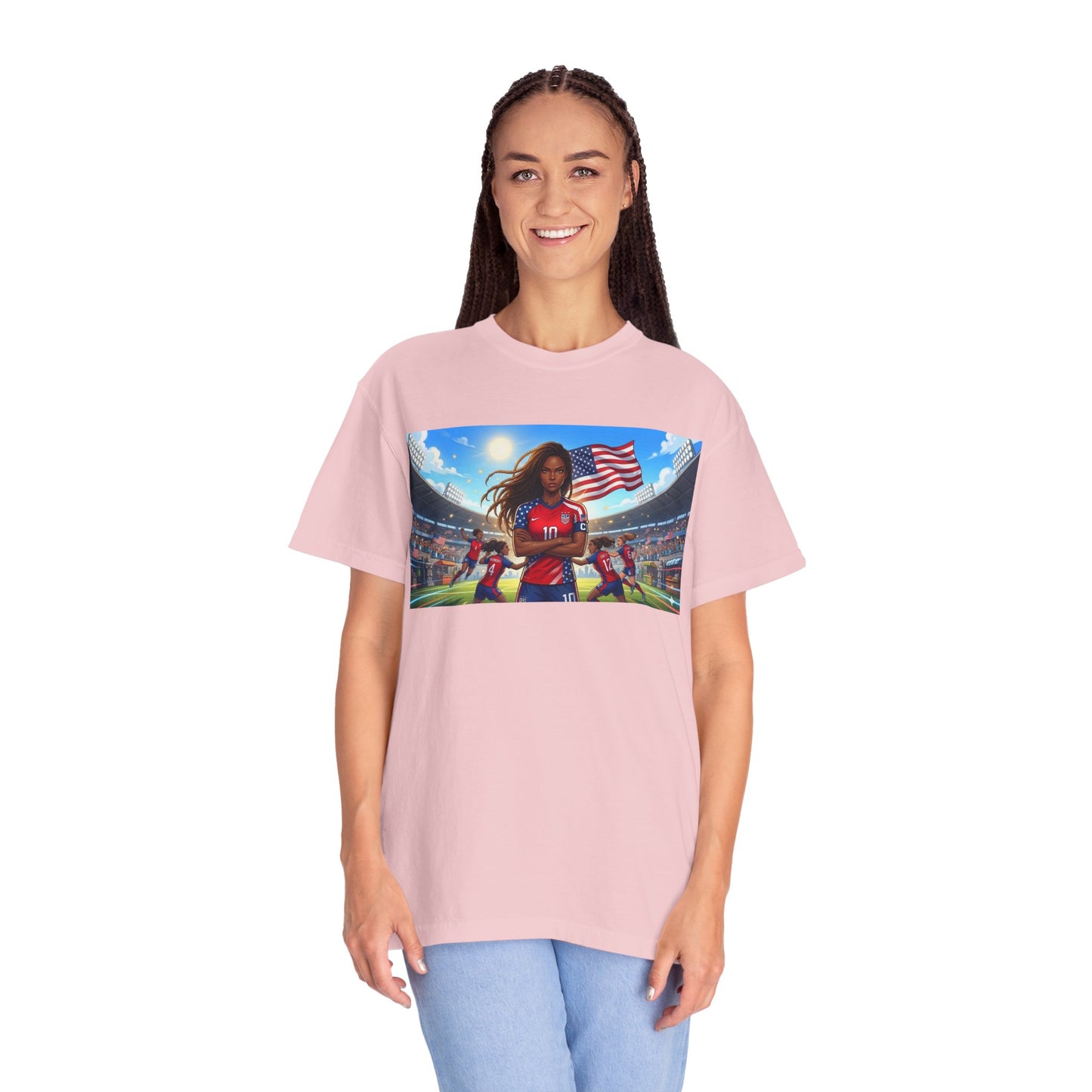 Soccer Mom USA T-Shirt — Female Soccer Player with American Flag Stadium Graphic
