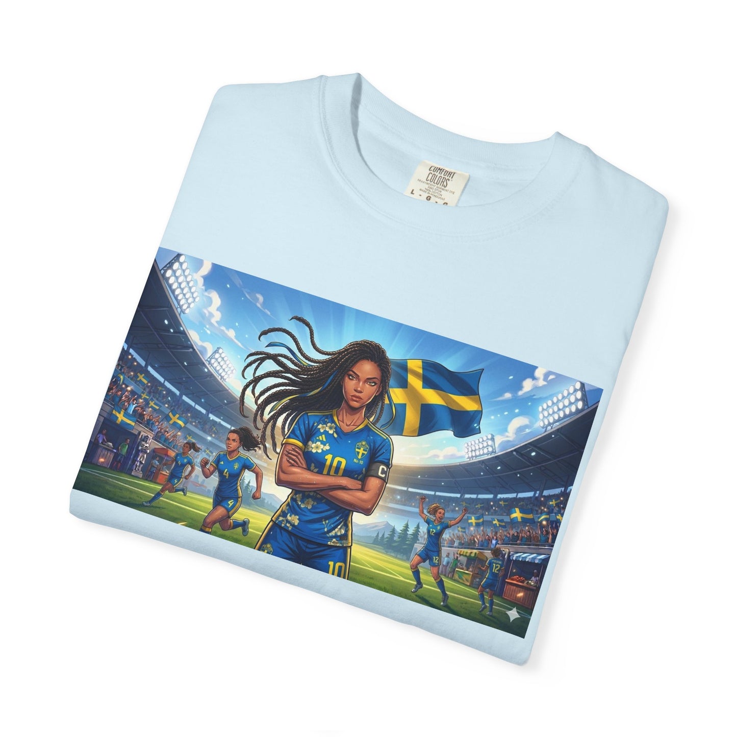 Swedish Soccer Pride T-Shirt — Female Footballer with Flag Stadium Design