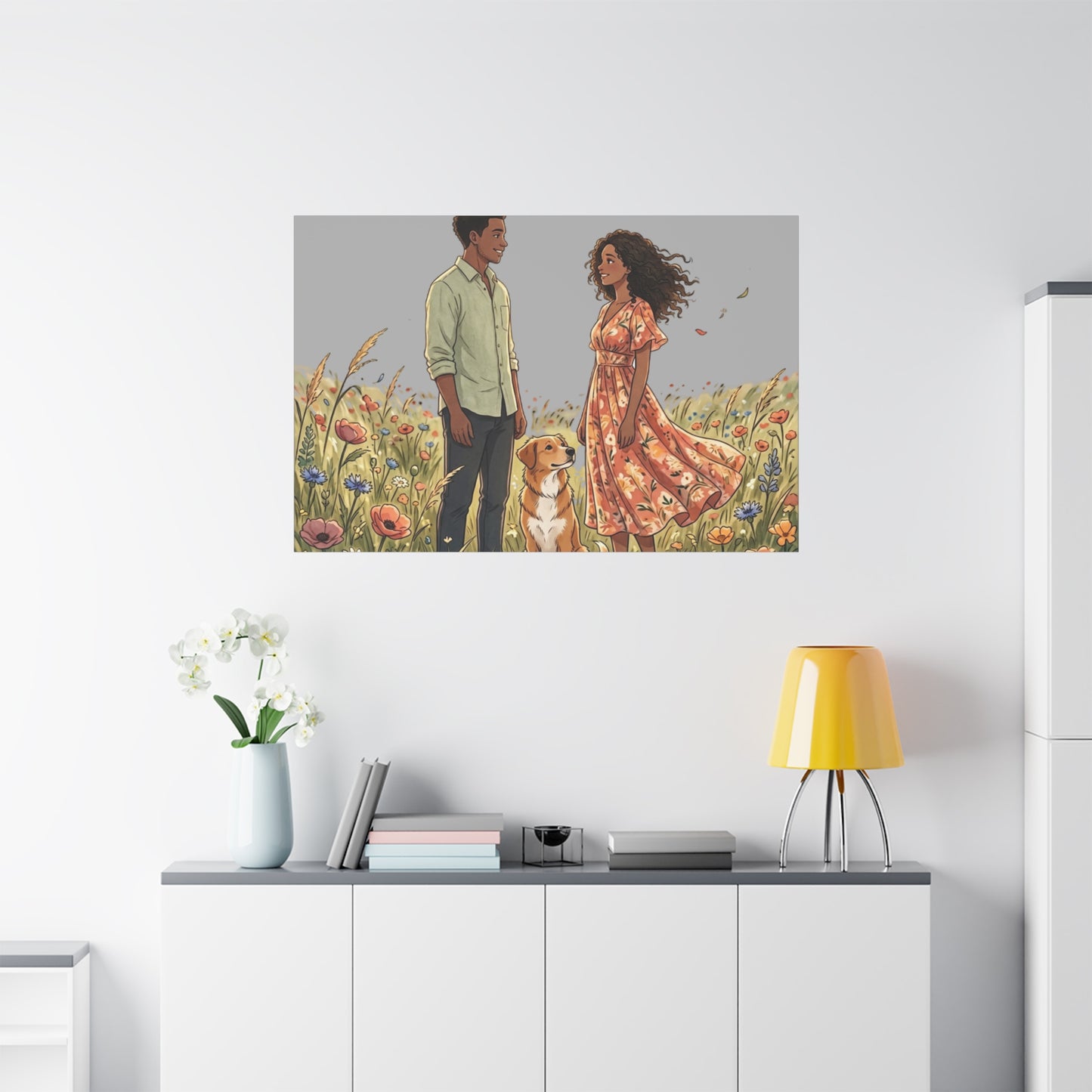 Romantic Couple in Wildflower Field Canvas Art — Black Love Wall Decor with Dog