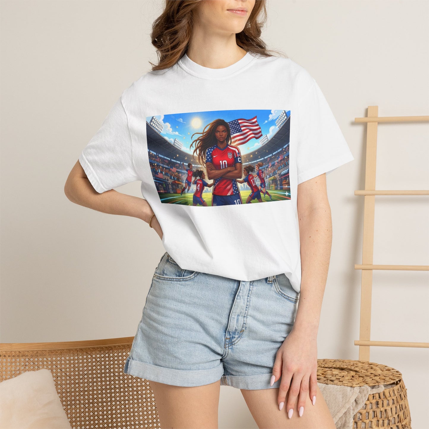 Soccer Mom USA T-Shirt — Female Soccer Player with American Flag Stadium Graphic