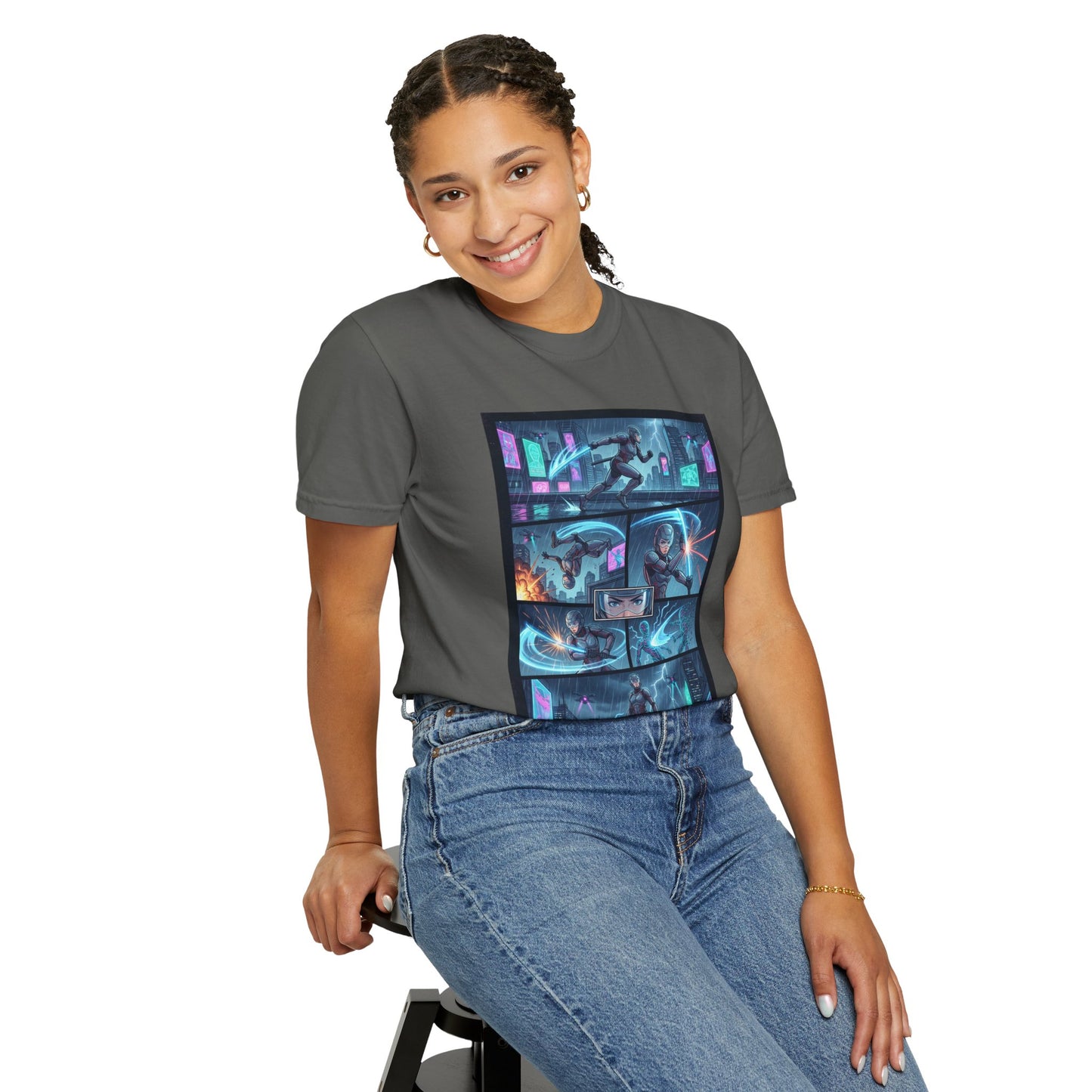 Cyberpunk Girl Samurai T-Shirt — Neon Manga Panel Graphic Tee
