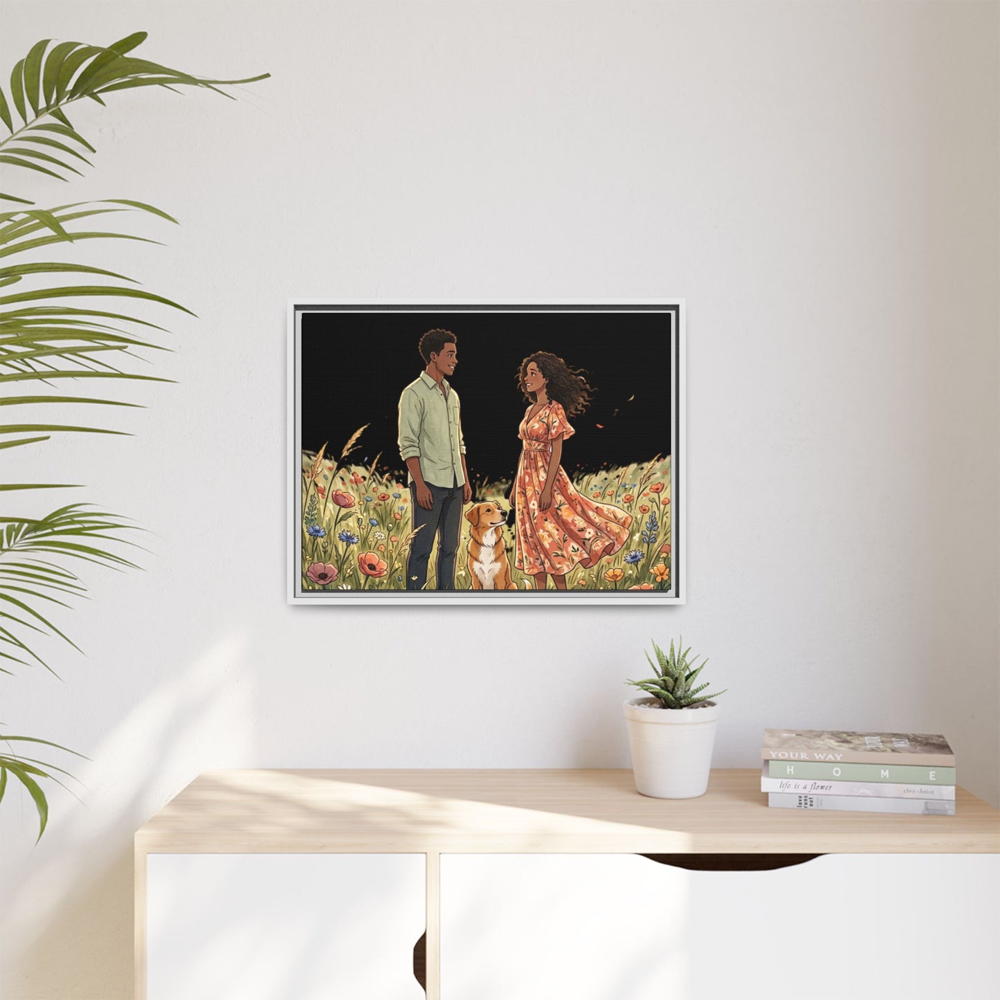 Framed Matte Canvas Print — Romantic Couple in Wildflower Field (Multi‑Color)