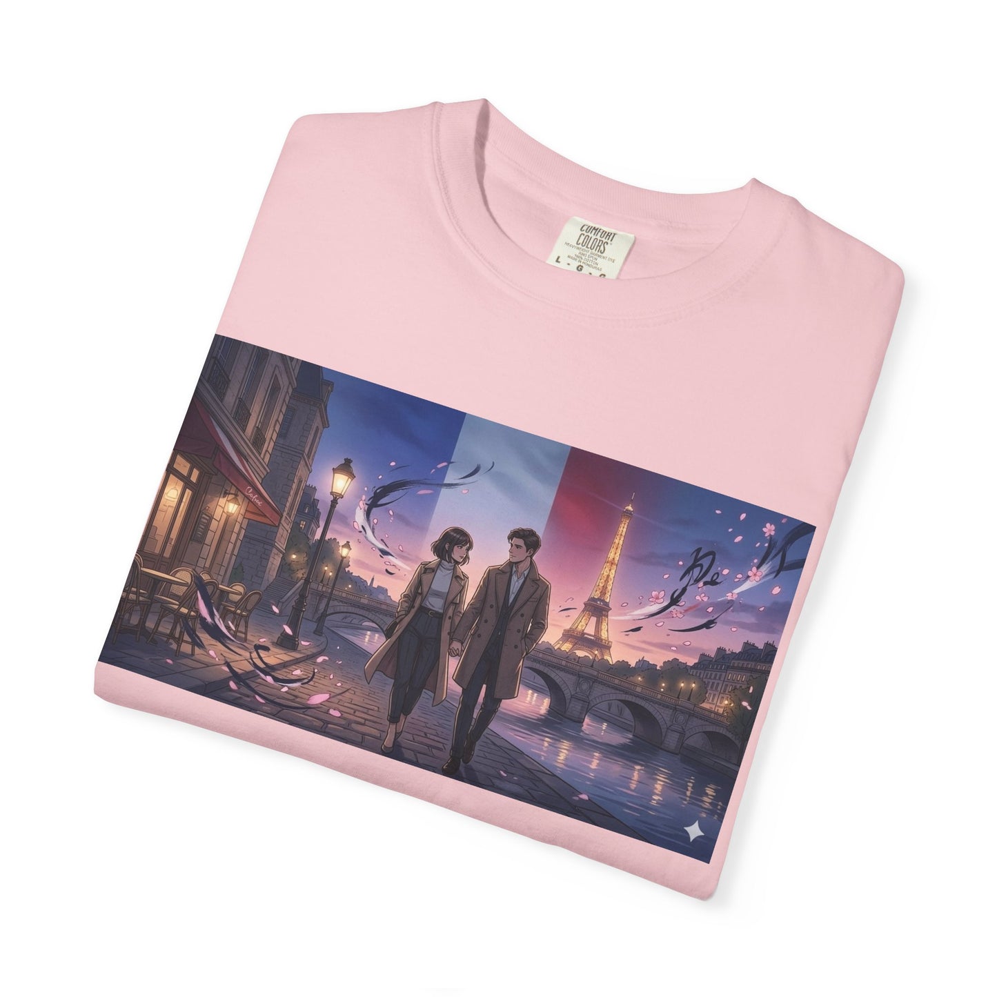 Couple Walking, Eiffel Tower - T-Shirt — Romantic Paris Nightscape Graphic Tee