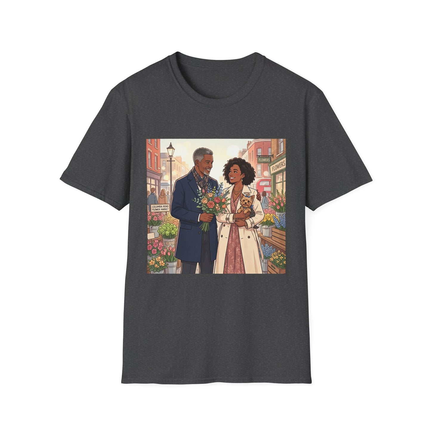 Romantic City Stroll T-Shirt — Couple Bouquet Illustration