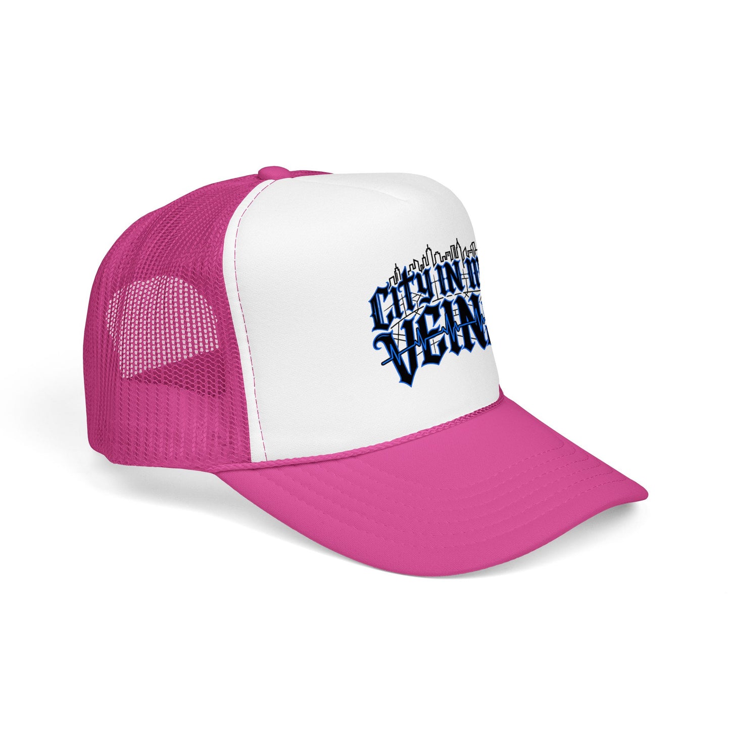 City In My Veins Foam Trucker Hat — Urban Gothic Blue Embroidered Cap