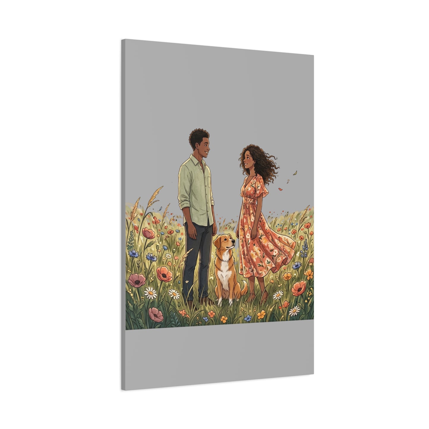 Romantic Couple in Wildflower Field Canvas Art — Black Love Wall Decor with Dog