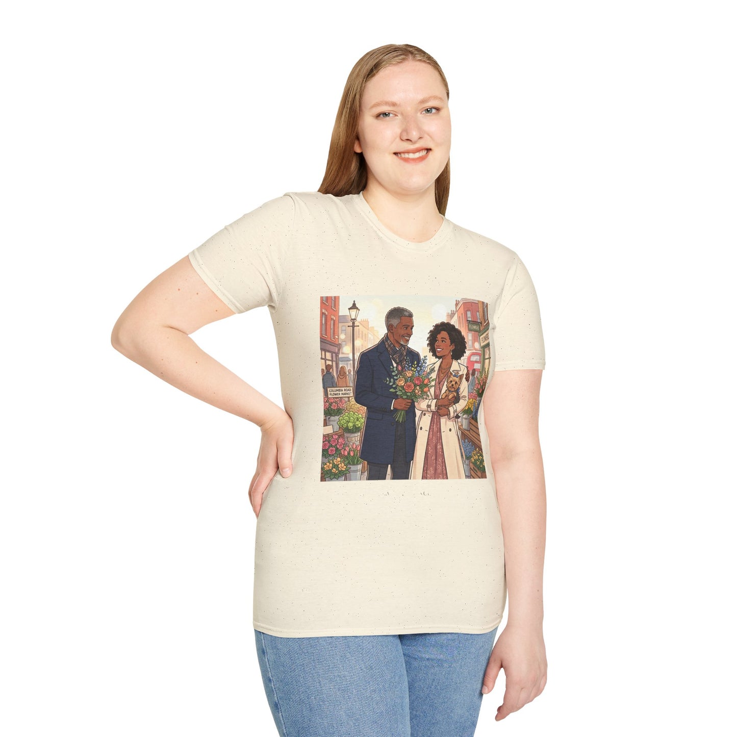 Romantic City Stroll T-Shirt — Couple Bouquet Illustration