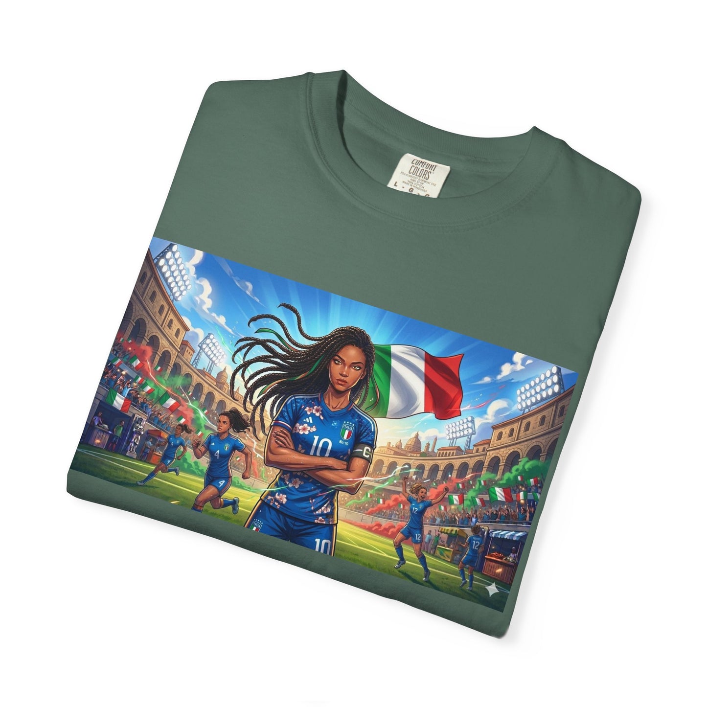 Italian Soccer Fan T‑Shirt – Inspirational Female Player with Italy Flag Stadium Print