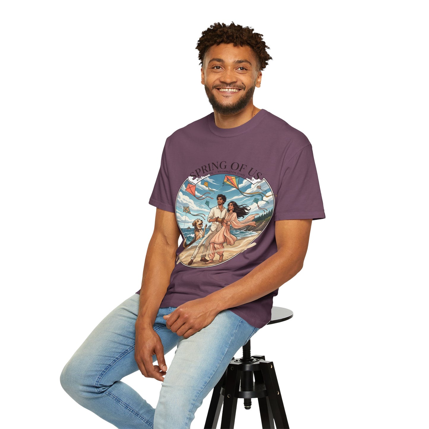Spring of Us T-Shirt — Romantic Beach Couple Illustration with Dog