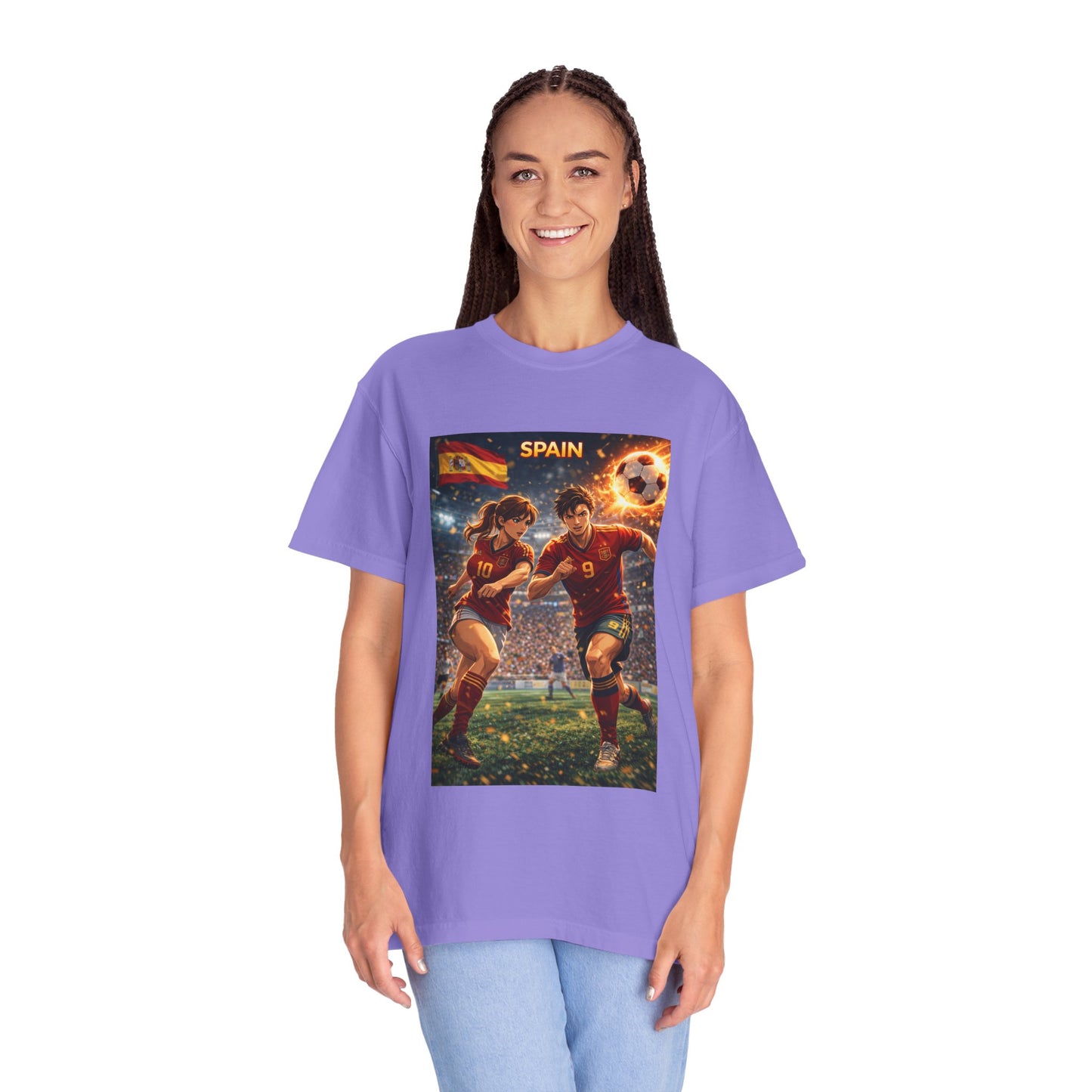 Spain Soccer Graphic T-Shirt — Retro Match Scene with Flag