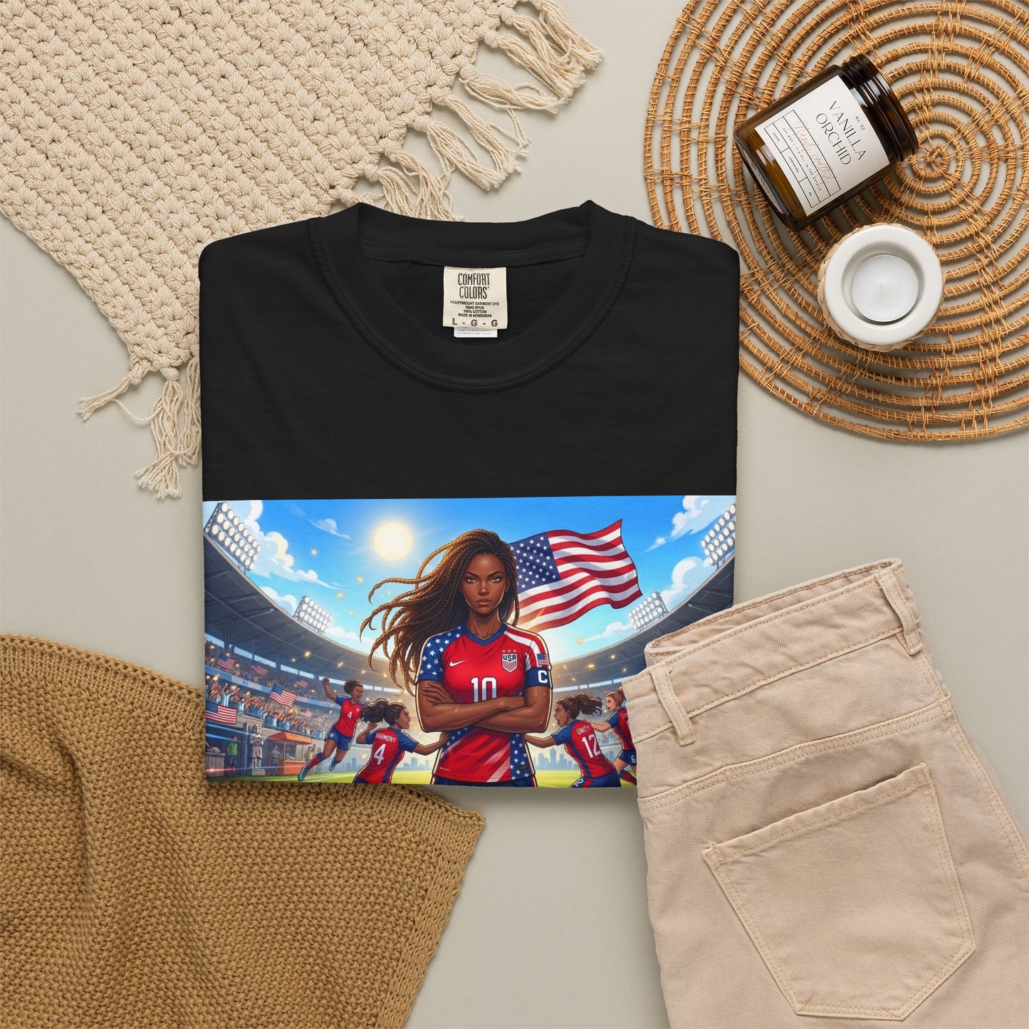 Soccer Mom USA T-Shirt — Female Soccer Player with American Flag Stadium Graphic