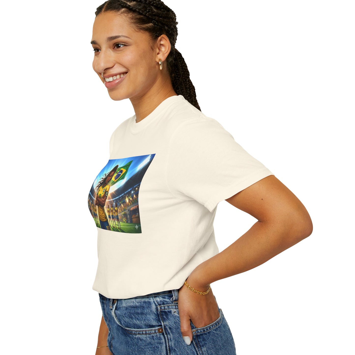 Brazil Soccer Captain T-Shirt — Player Holding Ball with Brazilian Flag Stadium Graphic