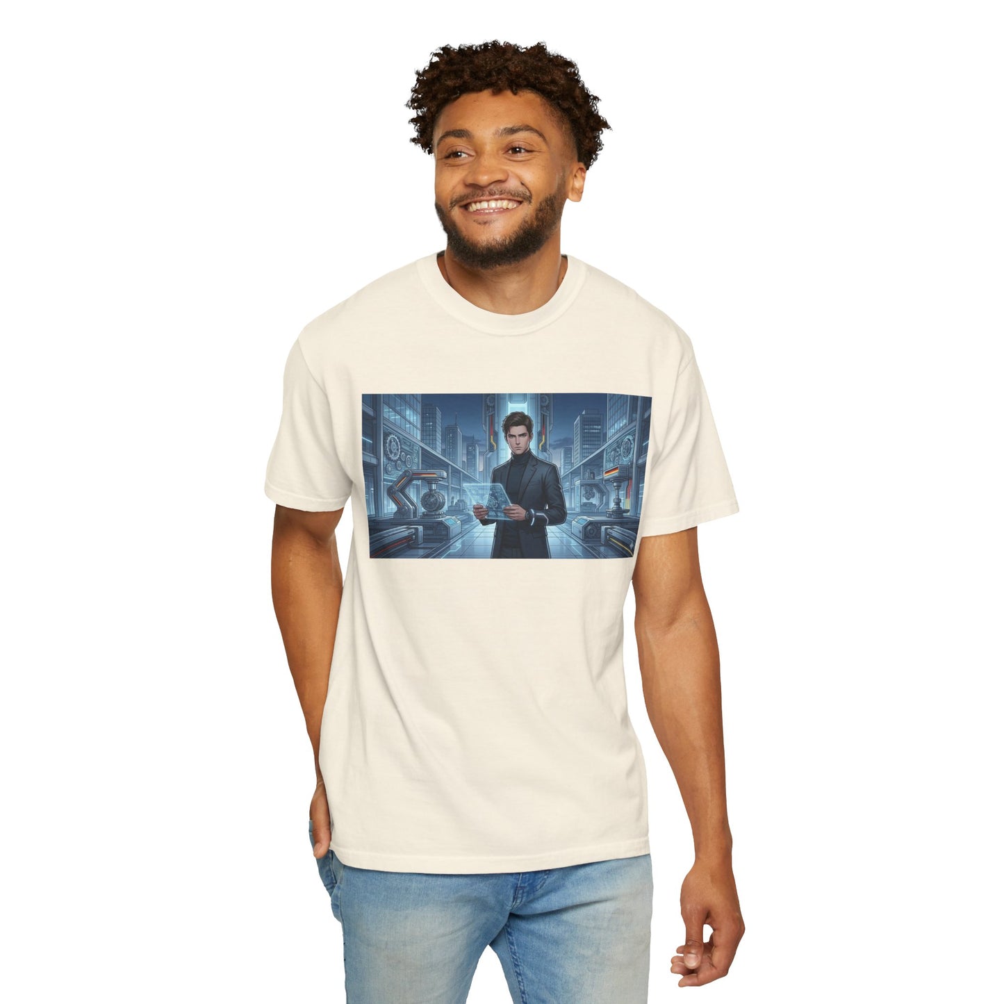 Cyberpunk Detective T-Shirt — Futuristic Noir Cityscape Graphic Tee