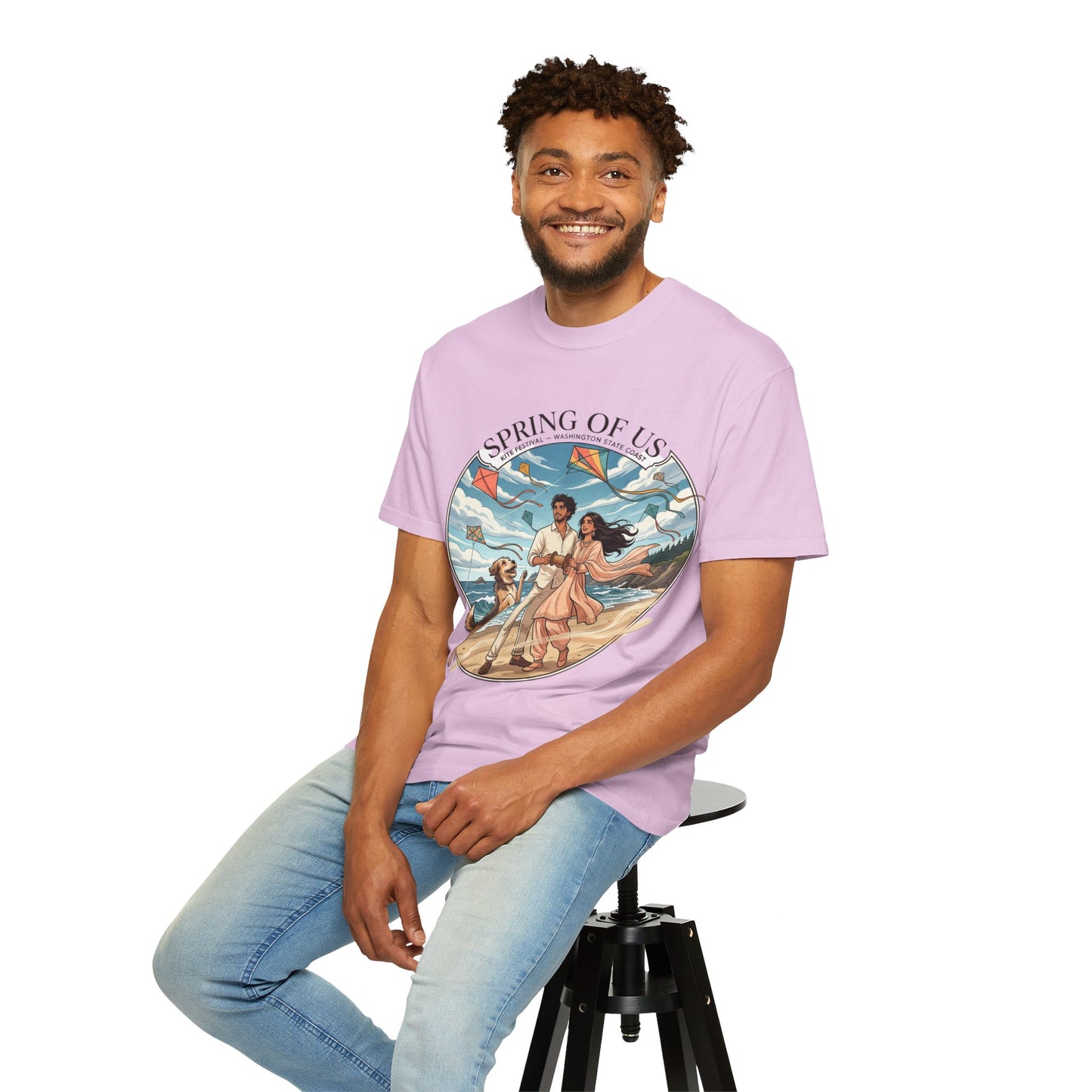 Spring of Us T-Shirt — Romantic Beach Couple Illustration with Dog
