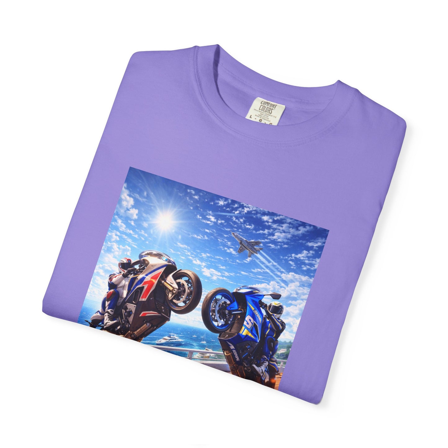 Stunt Riders Motorcycle T-Shirt — Two Bike Wheelie Racing Graphic Tee