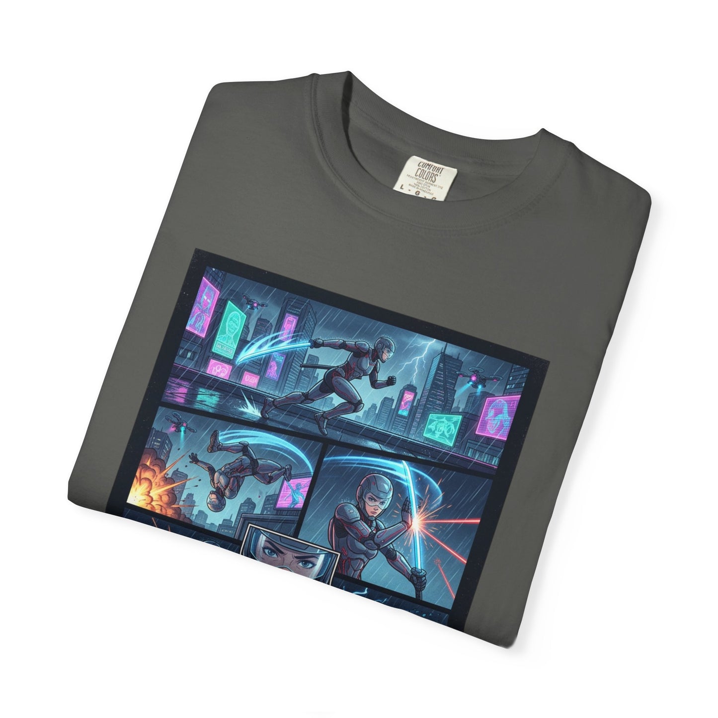 Cyberpunk Girl Samurai T-Shirt — Neon Manga Panel Graphic Tee