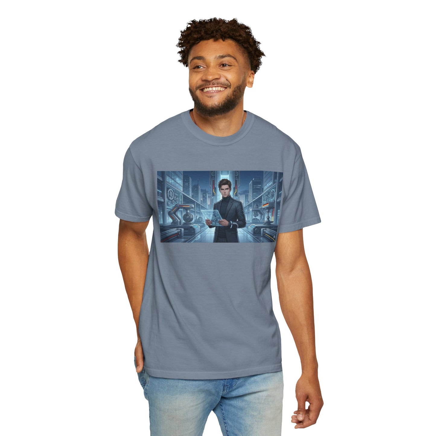 Cyberpunk Detective T-Shirt — Futuristic Noir Cityscape Graphic Tee