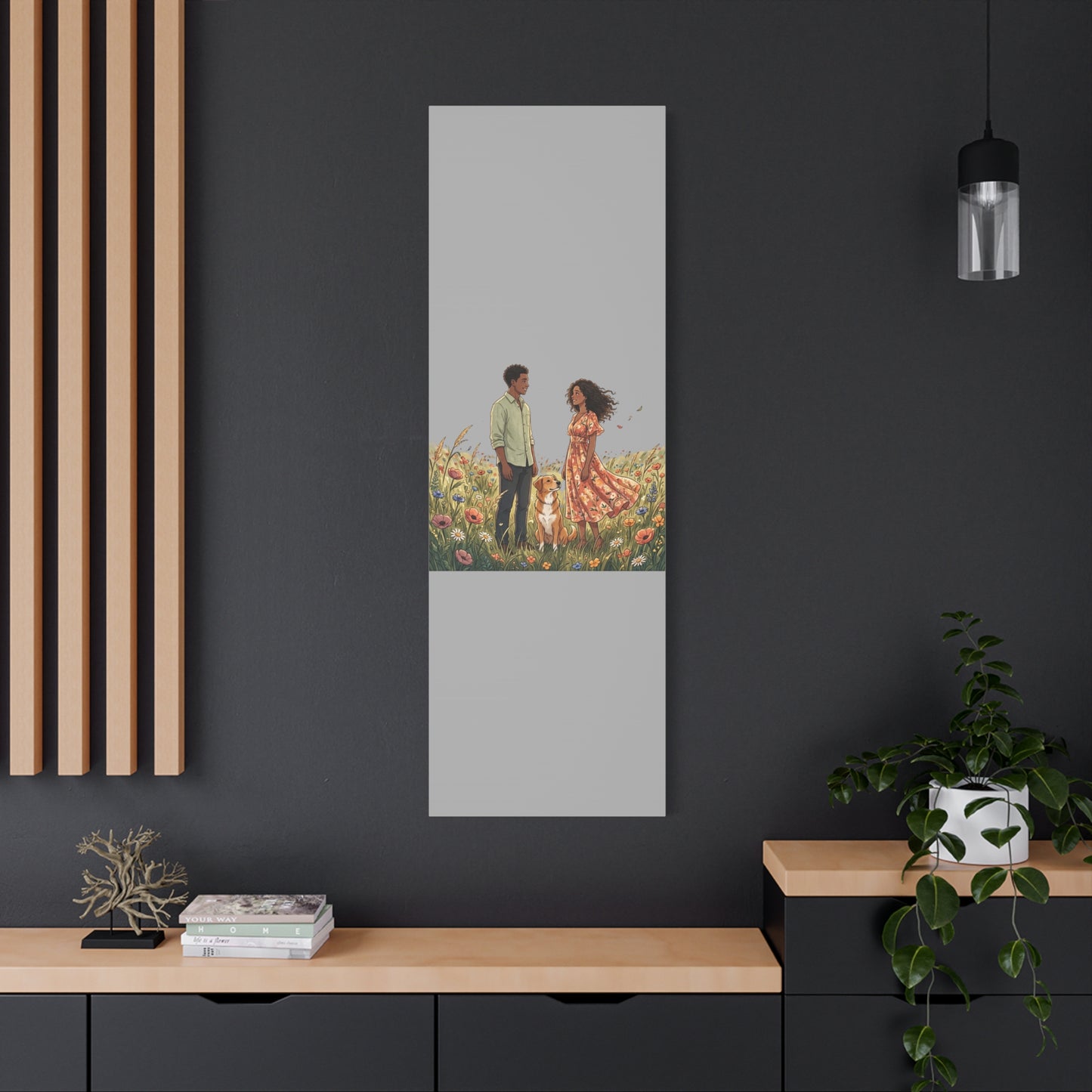 Romantic Couple in Wildflower Field Canvas Art — Black Love Wall Decor with Dog