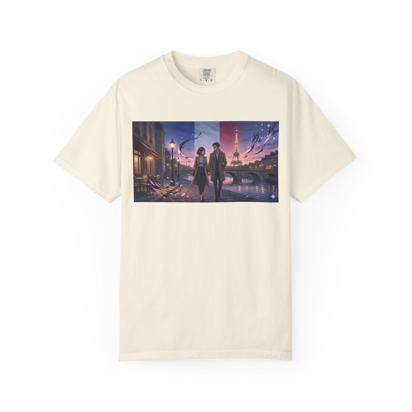 Couple Walking, Eiffel Tower - T-Shirt — Romantic Paris Nightscape Graphic Tee