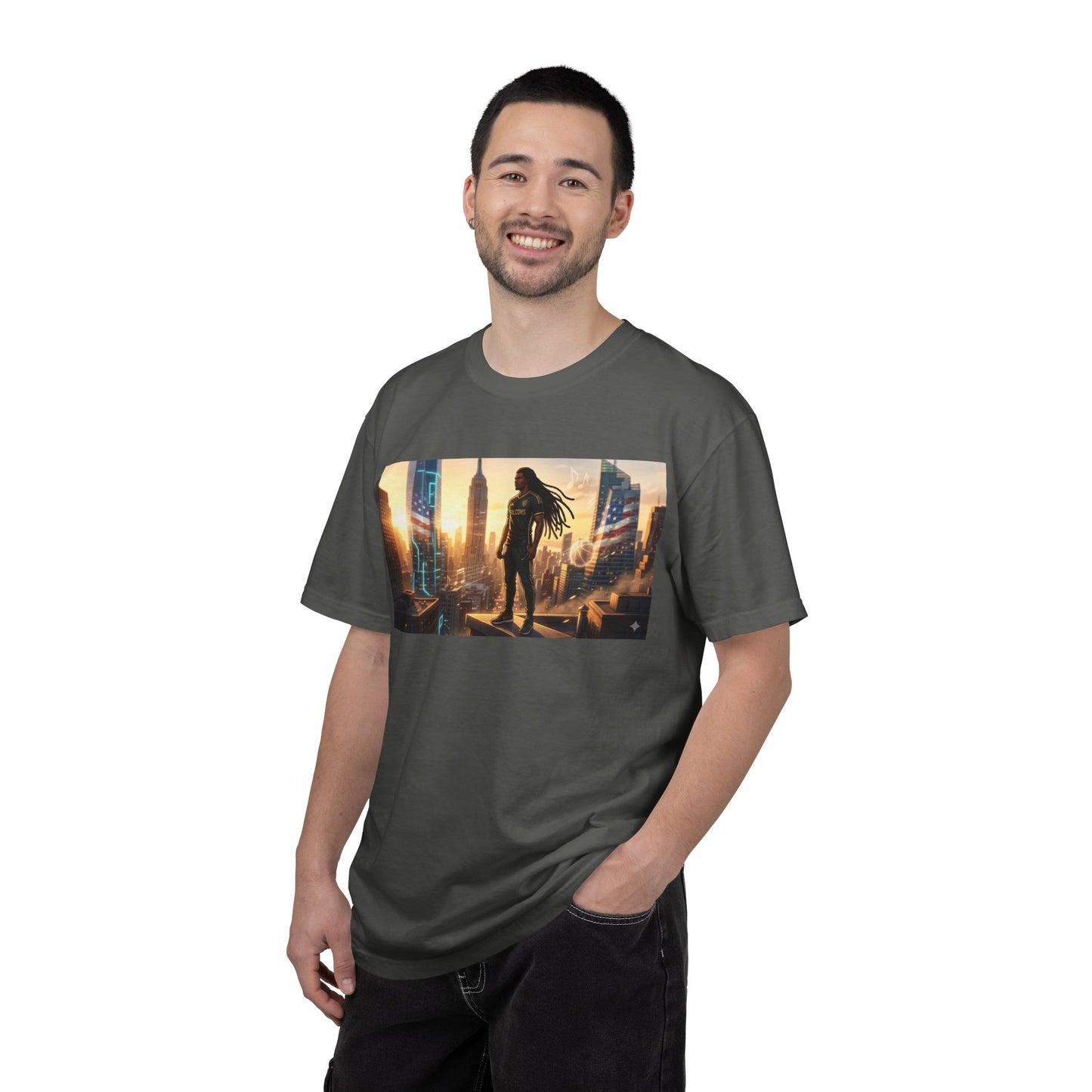 Cyberpunk Cityscape T-Shirt — Silhouette Hero at Sunset