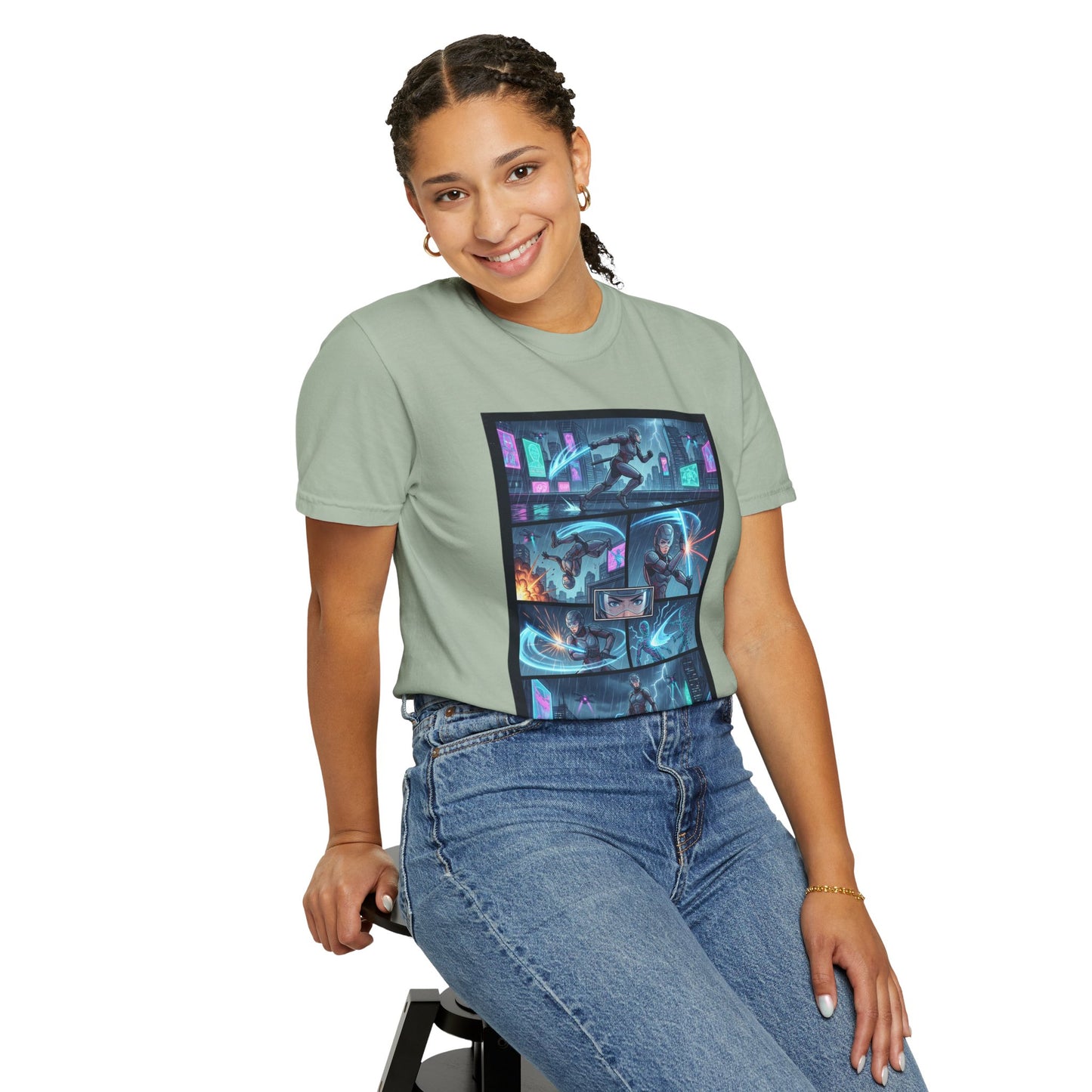 Cyberpunk Girl Samurai T-Shirt — Neon Manga Panel Graphic Tee