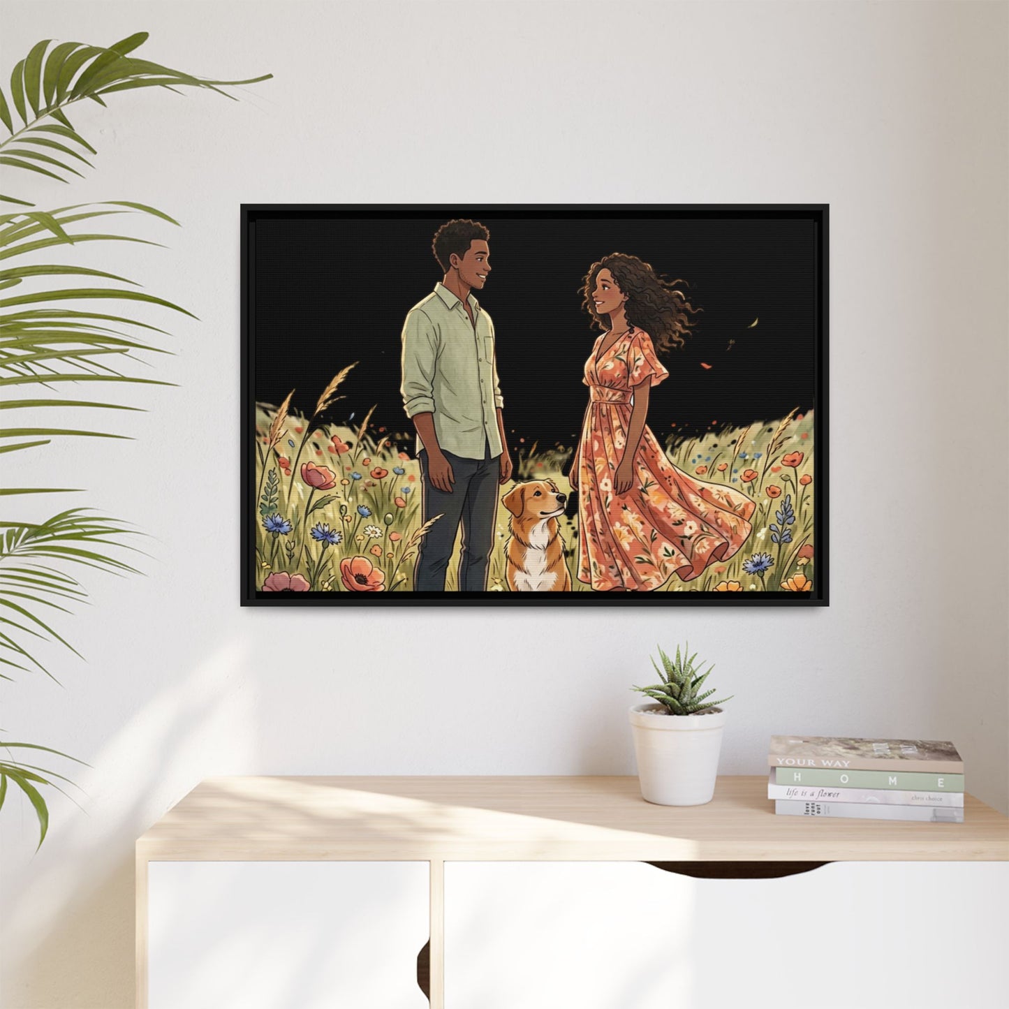 Framed Matte Canvas Print — Romantic Couple in Wildflower Field (Multi‑Color)