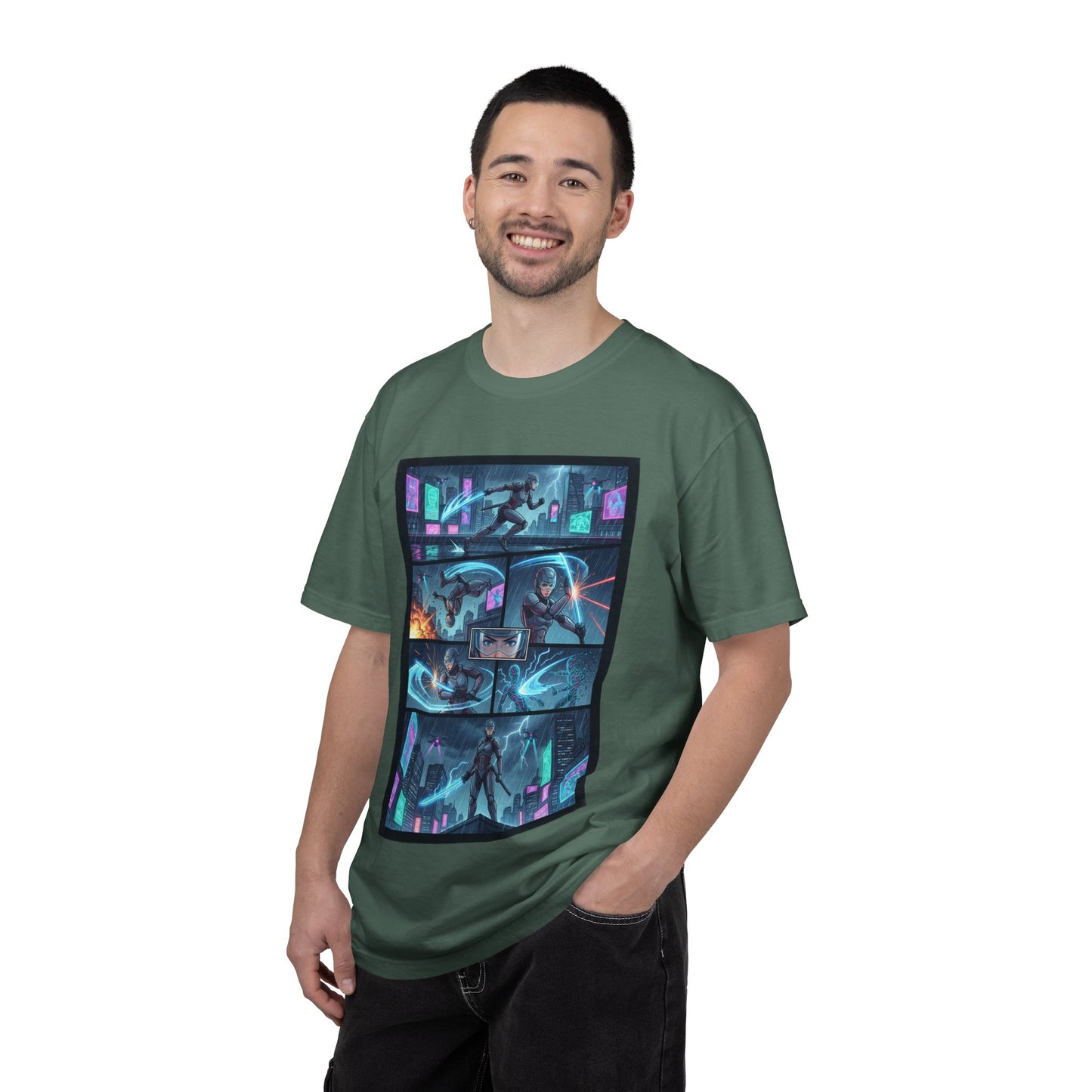 Cyberpunk Girl Samurai T-Shirt — Neon Manga Panel Graphic Tee