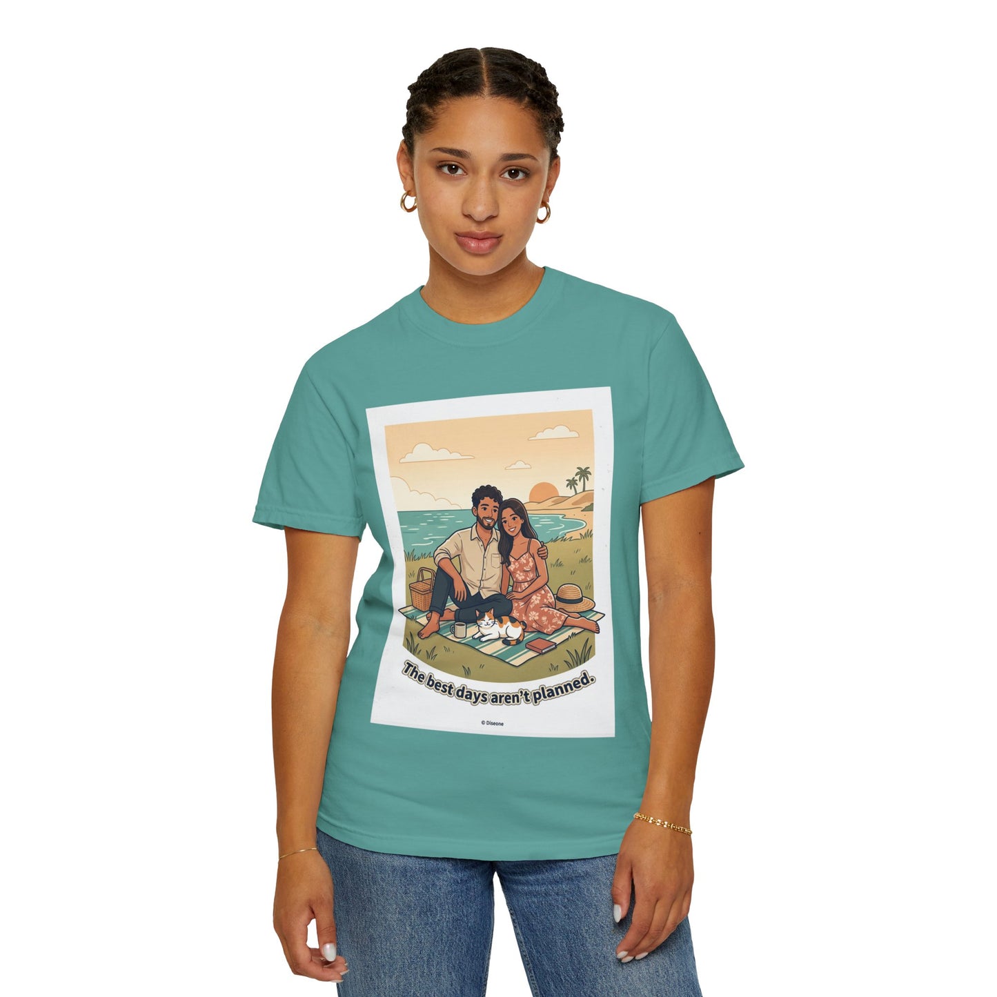 Beach Picnic Couple T‑Shirt — “The best days aren’t planned.” Relaxed Vacation Tee