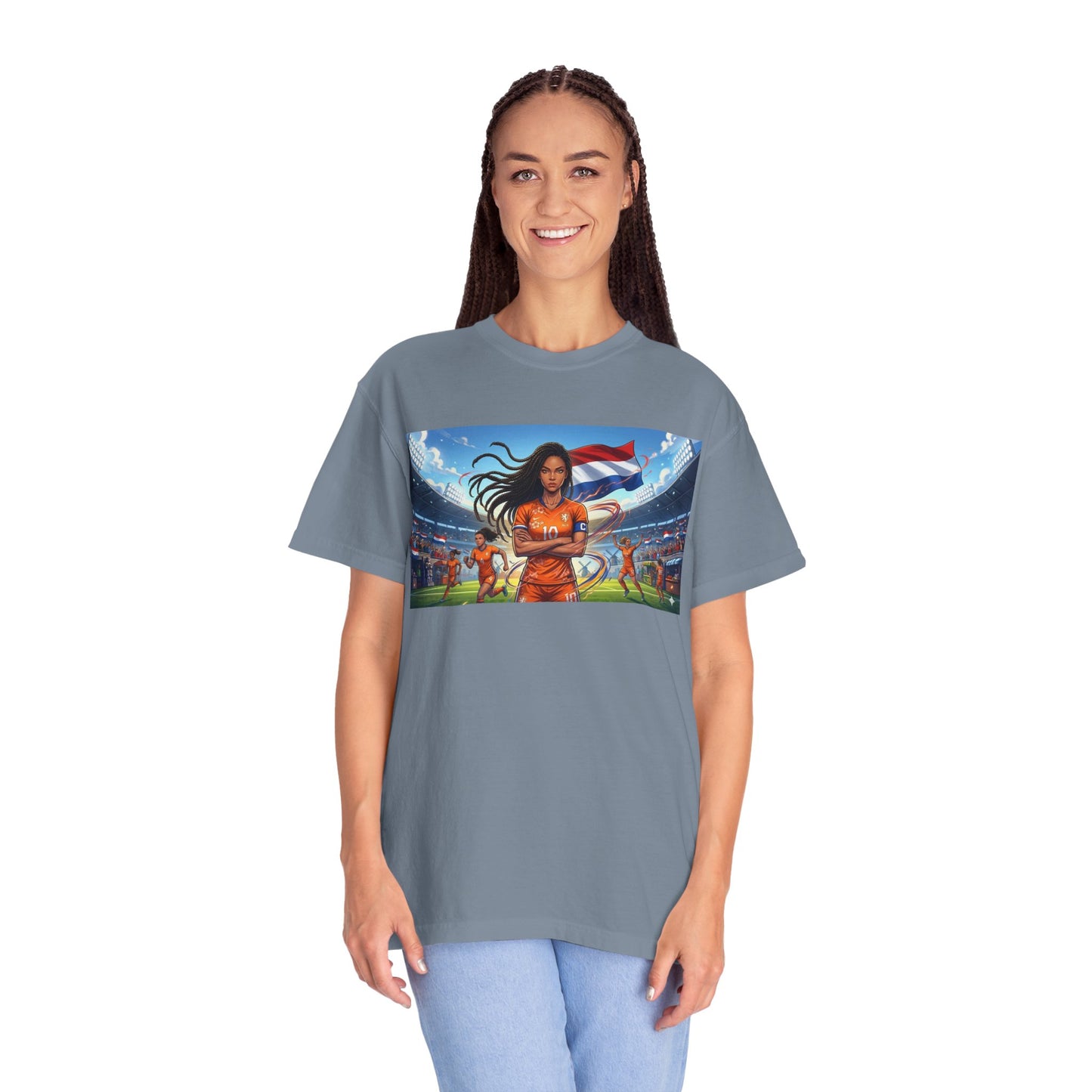 Soccer Warrior T-Shirt — Netherlands Female Captain with Flag Stadium Graphic