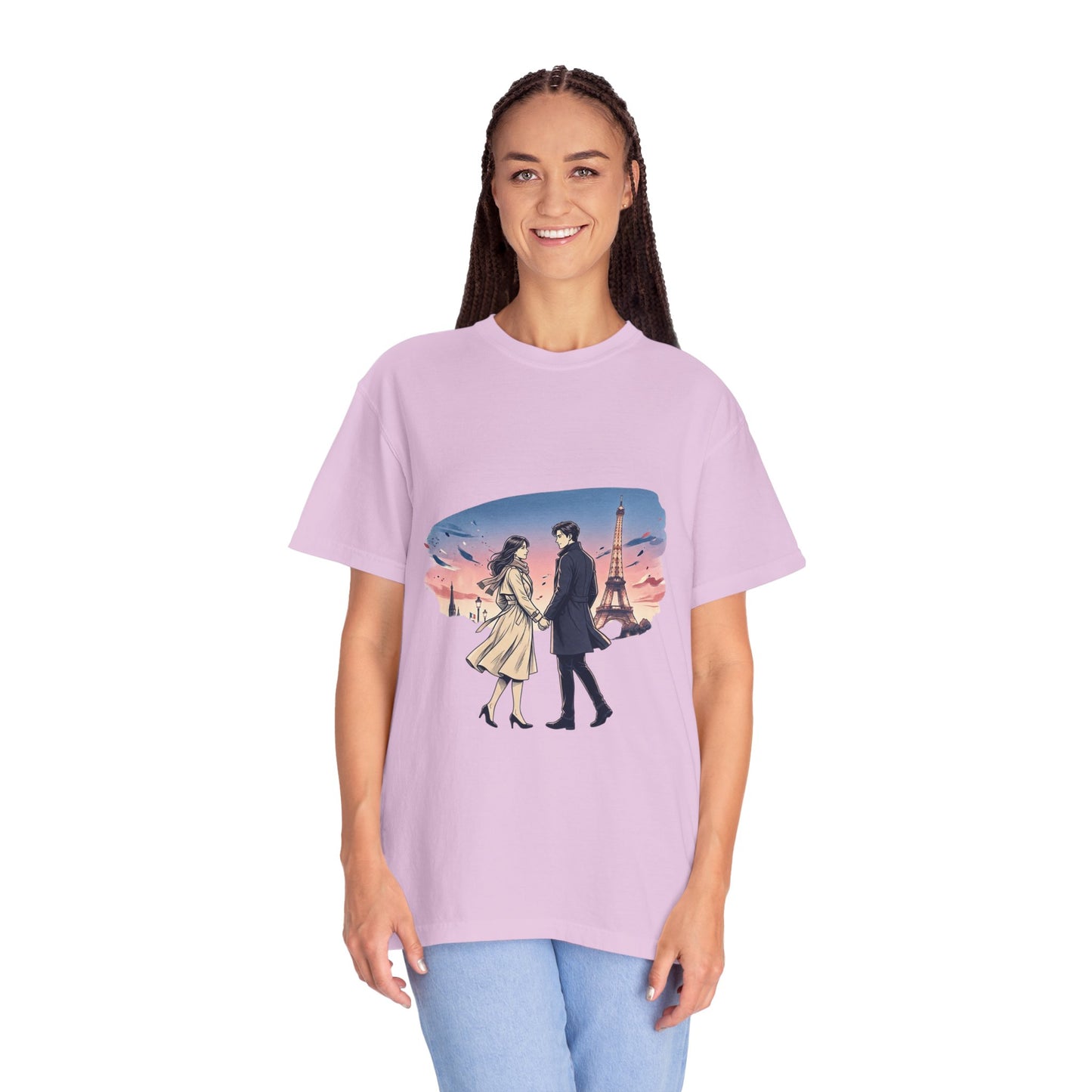 Paris Sunset Romance T-Shirt — Couple Walking by Eiffel Tower Graphic Tee